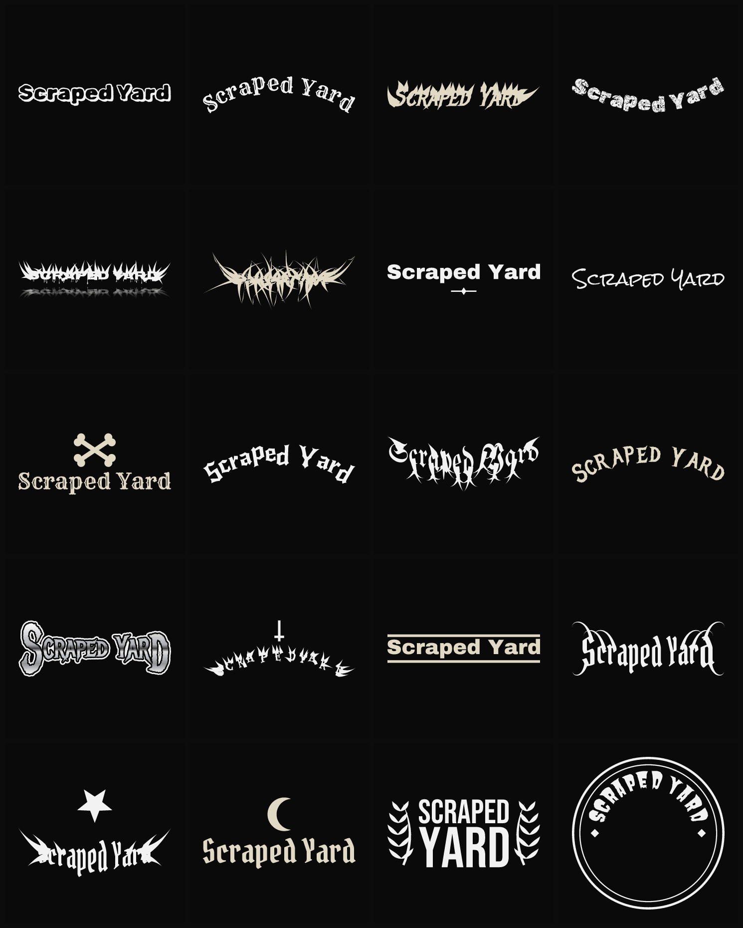 Twenty Scraped Yard band logo ideas — different faces, treatments and spike settings