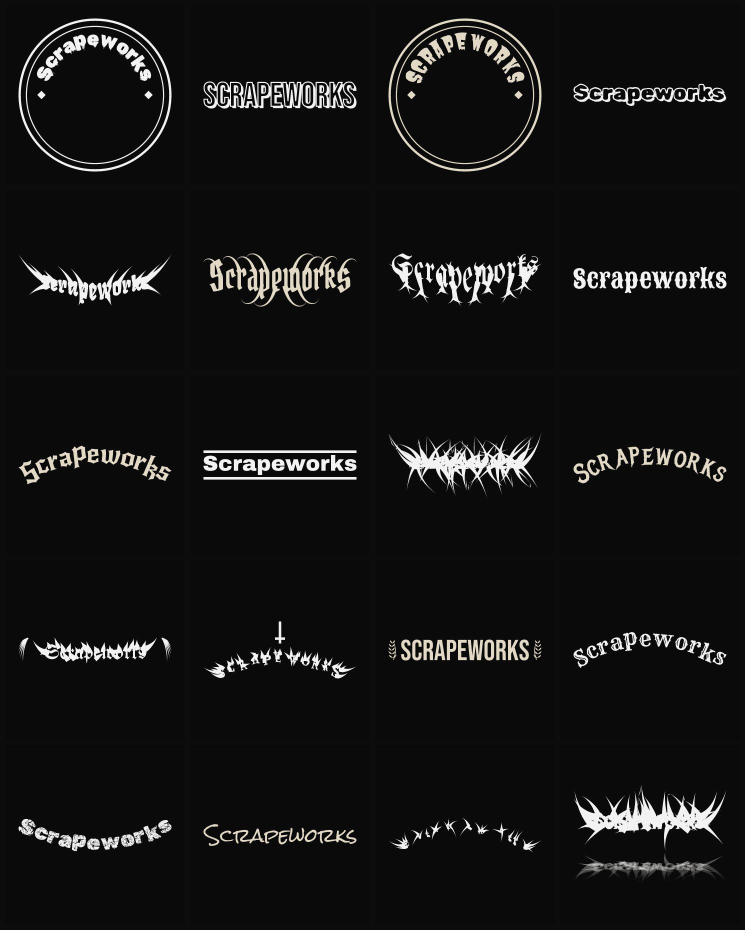 Twenty Scrapeworks band logo ideas — different faces, treatments and spike settings
