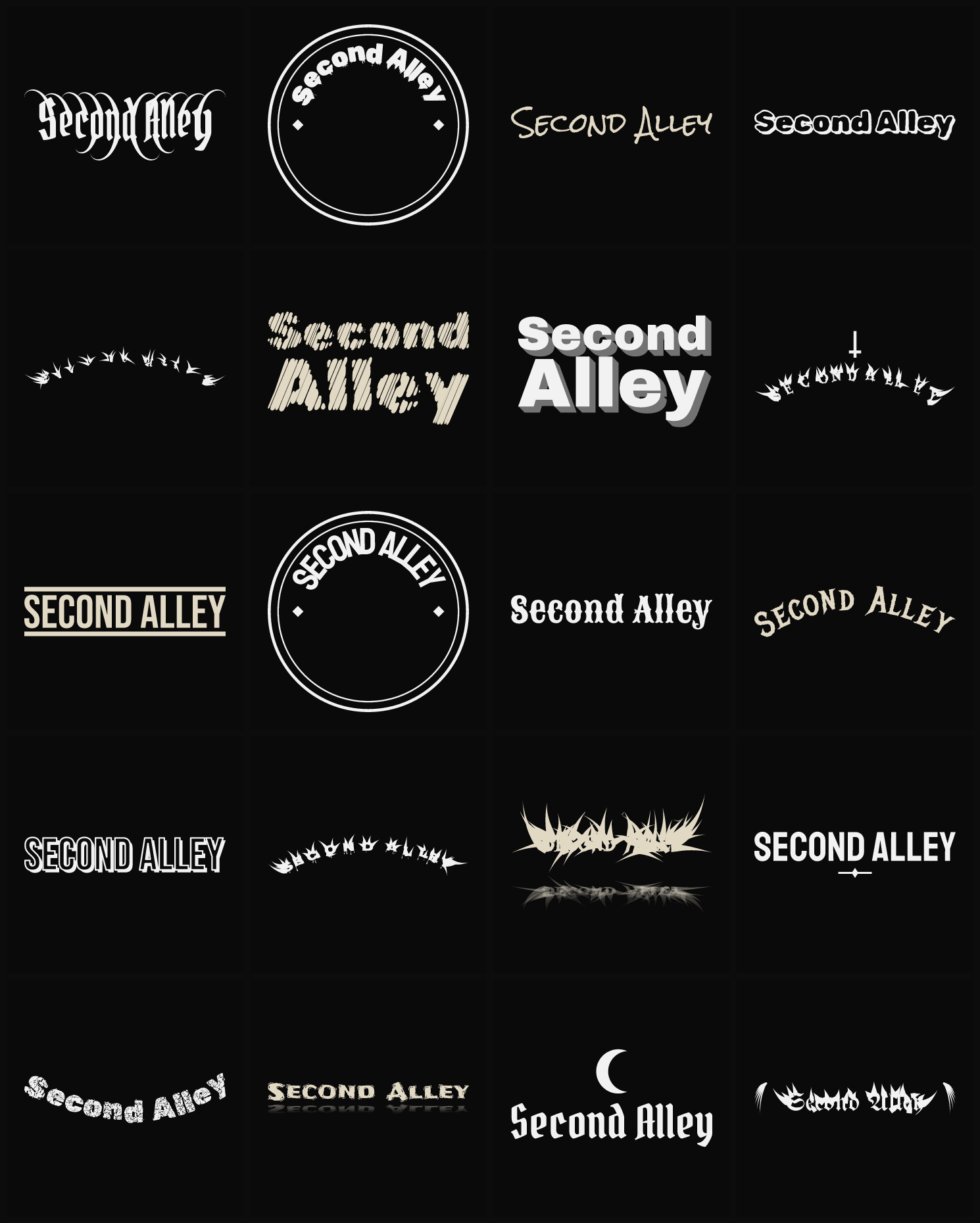 Twenty Second Alley band logo ideas — different faces, treatments and spike settings