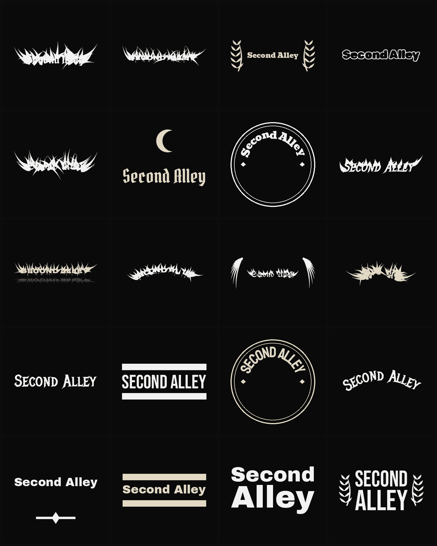 Twenty Second Alley band logo ideas — different faces, treatments and spike settings