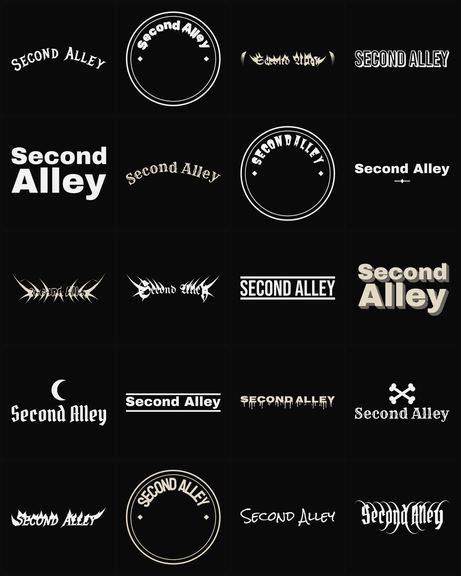 Twenty Second Alley band logo ideas — different faces, treatments and spike settings