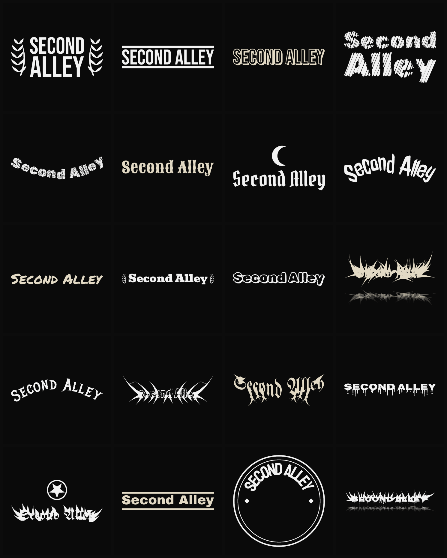 Twenty Second Alley band logo ideas — different faces, treatments and spike settings