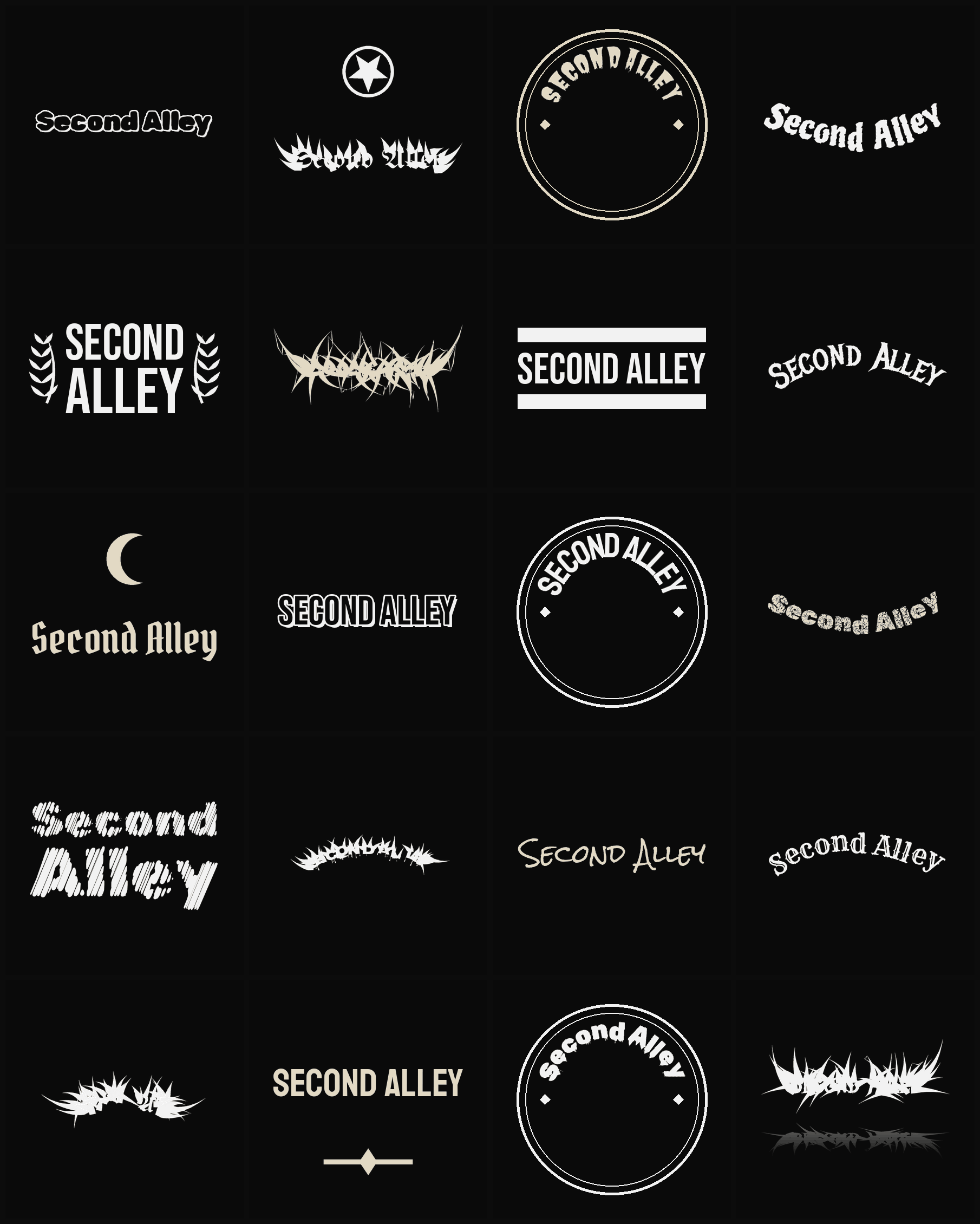 Twenty Second Alley band logo ideas — different faces, treatments and spike settings