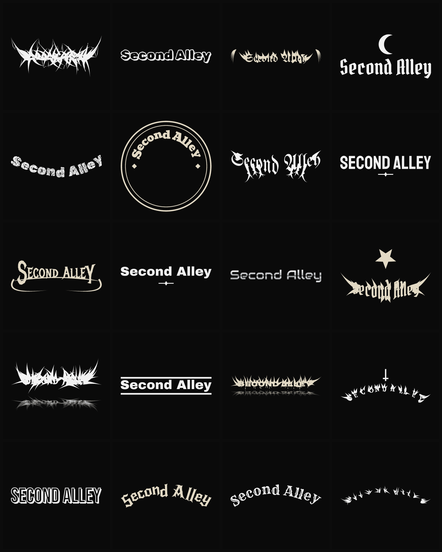 Twenty Second Alley band logo ideas — different faces, treatments and spike settings