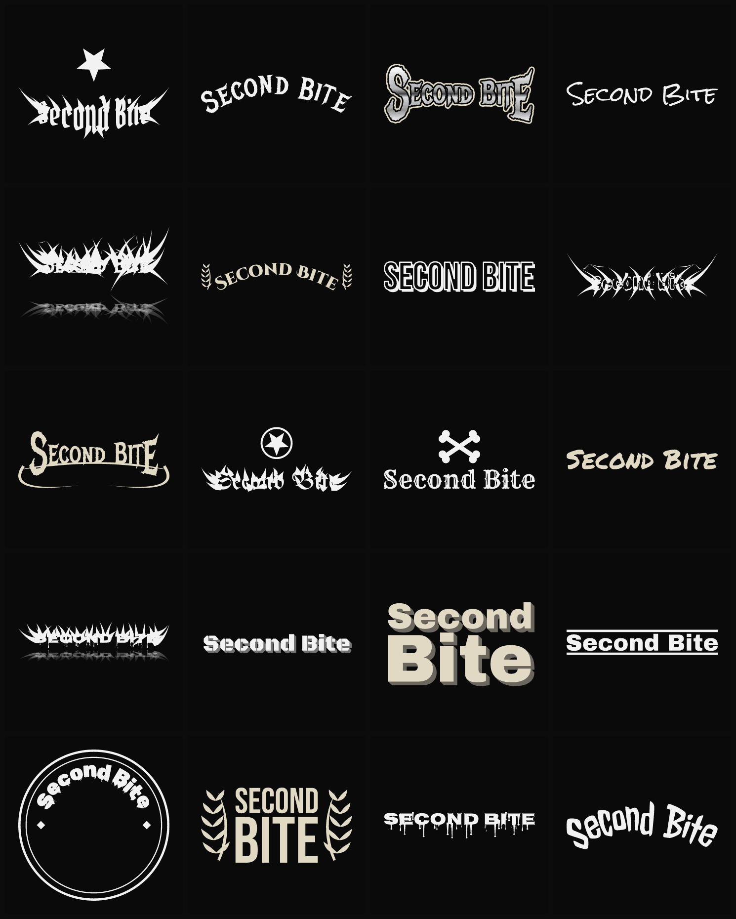 Twenty Second Bite band logo ideas — different faces, treatments and spike settings