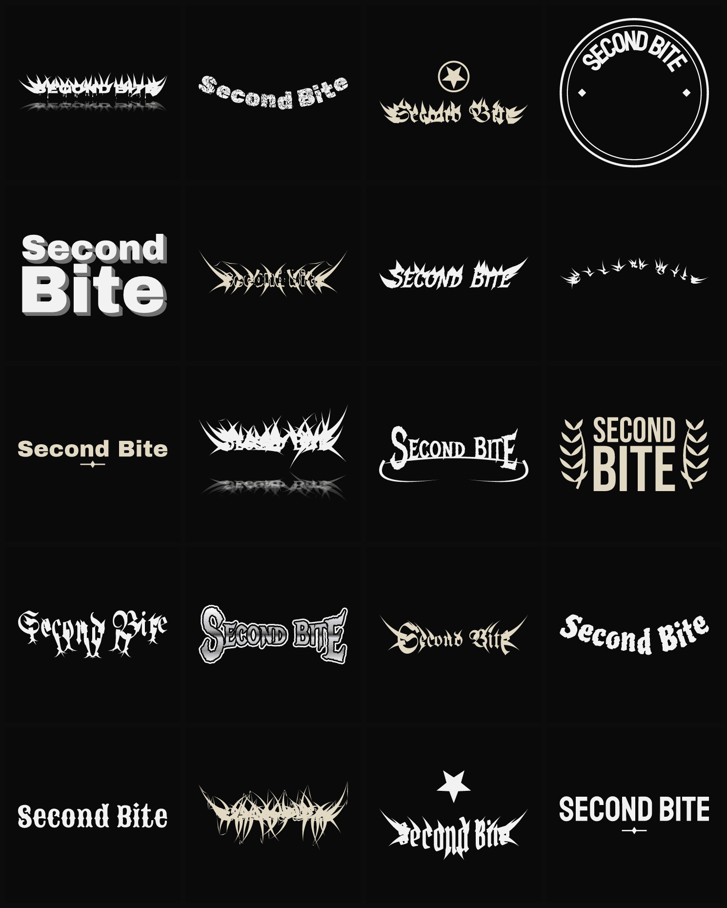 Twenty Second Bite band logo ideas — different faces, treatments and spike settings
