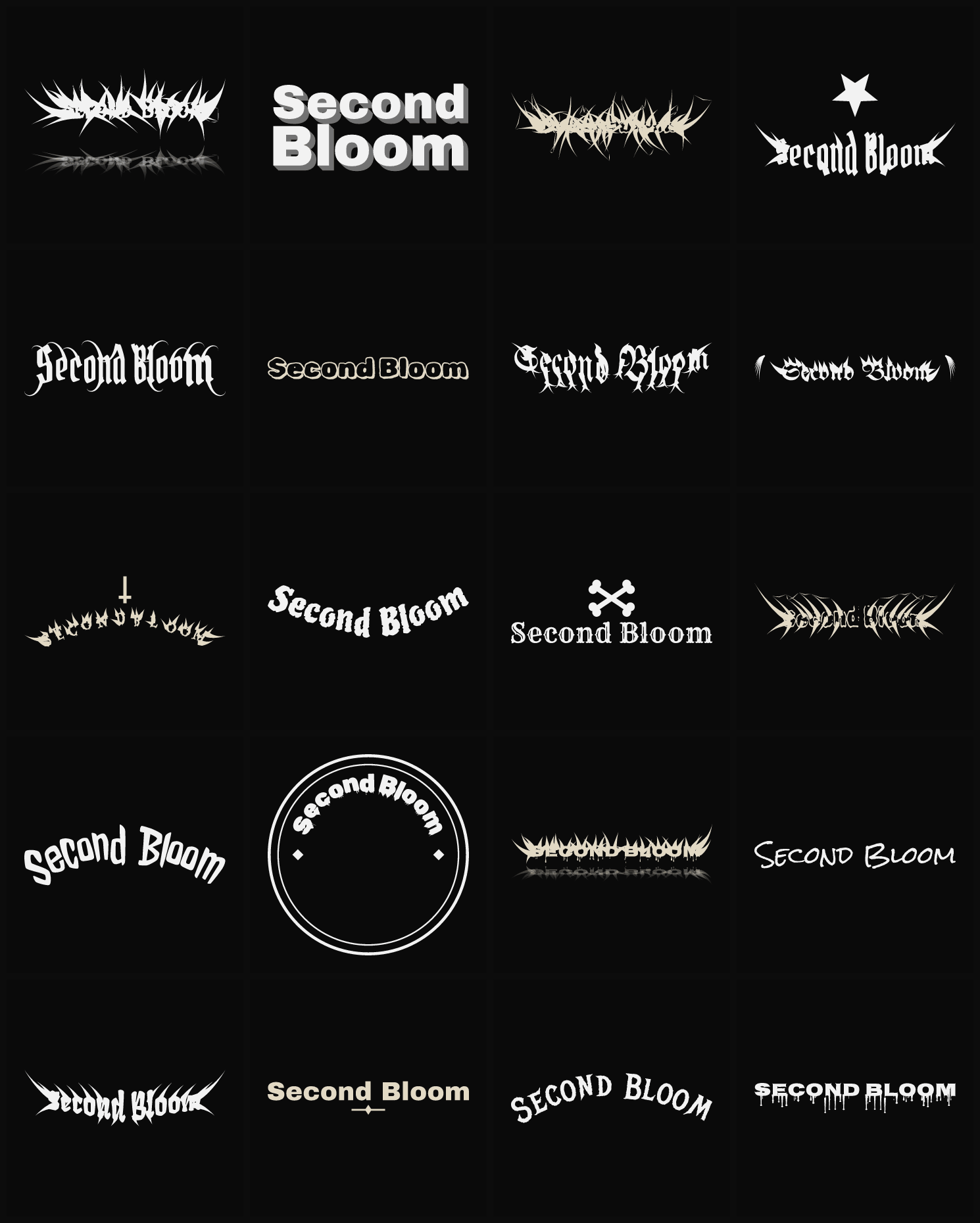 Twenty Second Bloom band logo ideas — different faces, treatments and spike settings