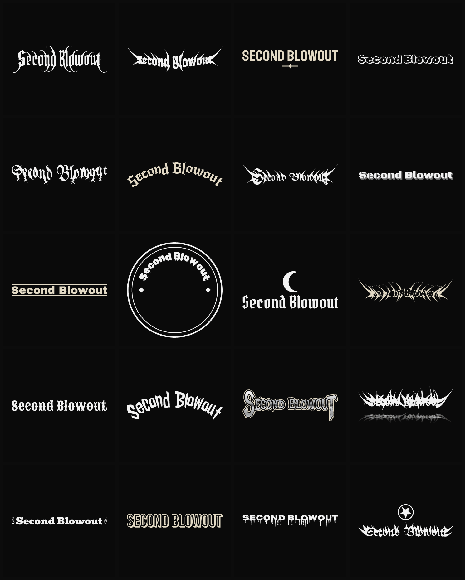 Twenty Second Blowout band logo ideas — different faces, treatments and spike settings
