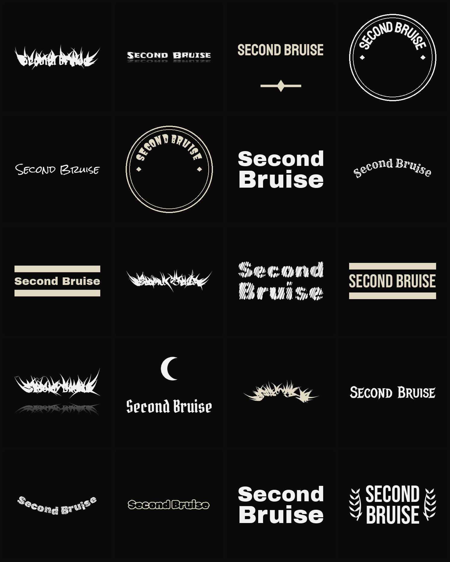Twenty Second Bruise band logo ideas — different faces, treatments and spike settings