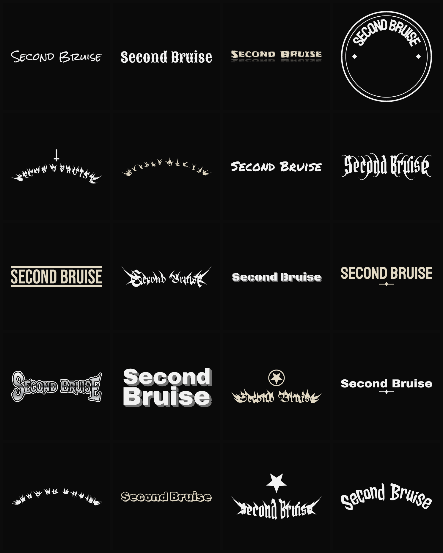 Twenty Second Bruise band logo ideas — different faces, treatments and spike settings
