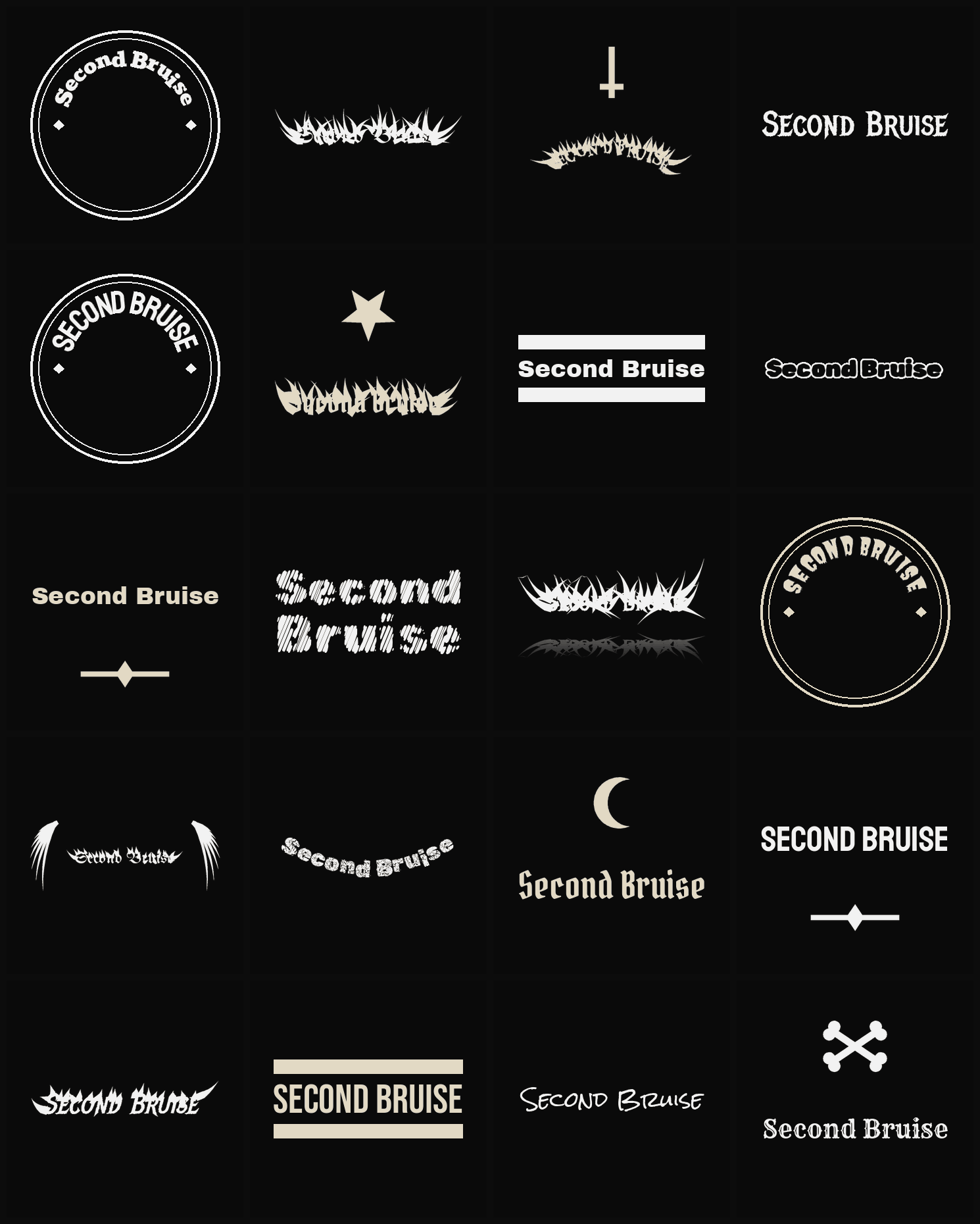 Twenty Second Bruise band logo ideas — different faces, treatments and spike settings
