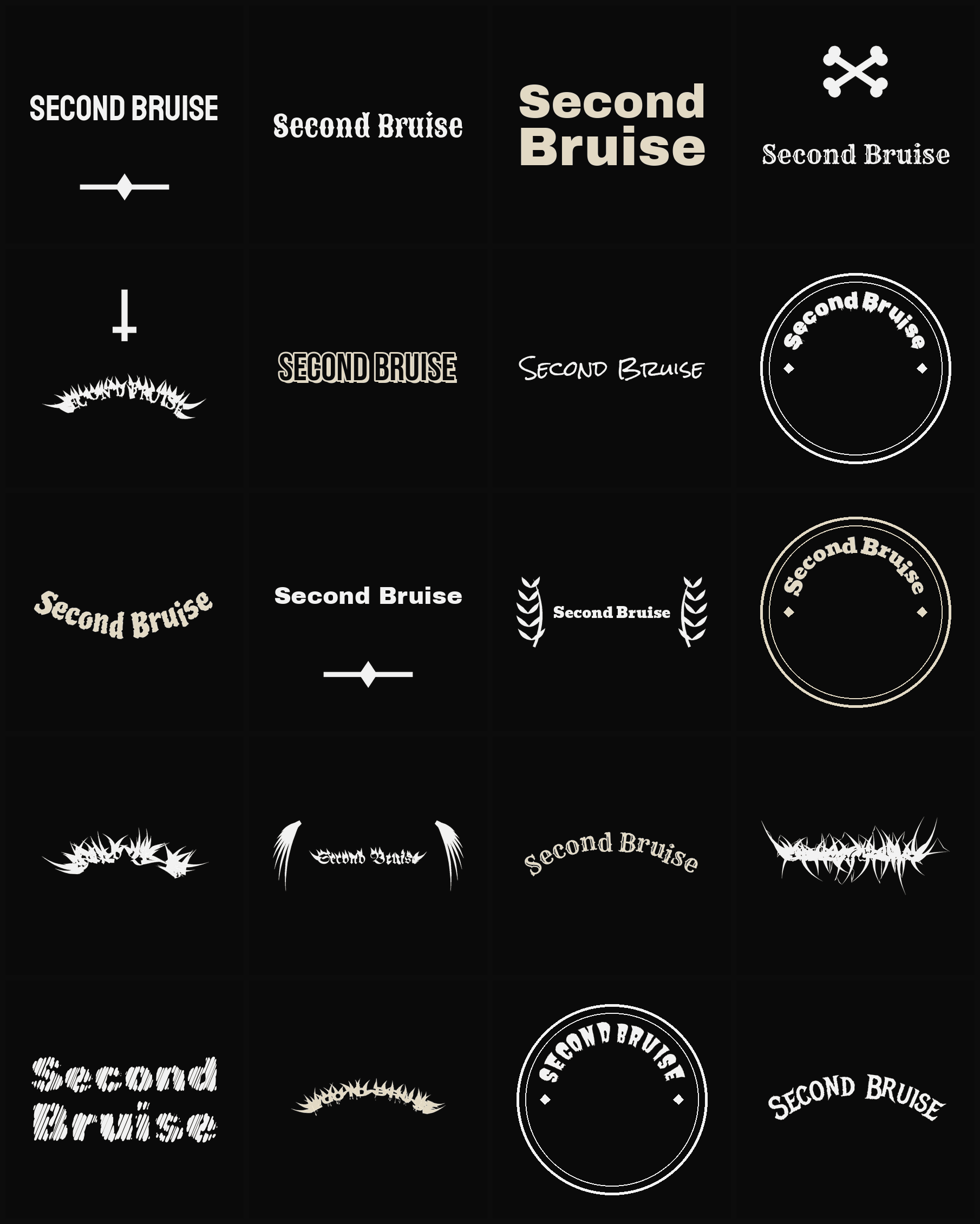 Twenty Second Bruise band logo ideas — different faces, treatments and spike settings