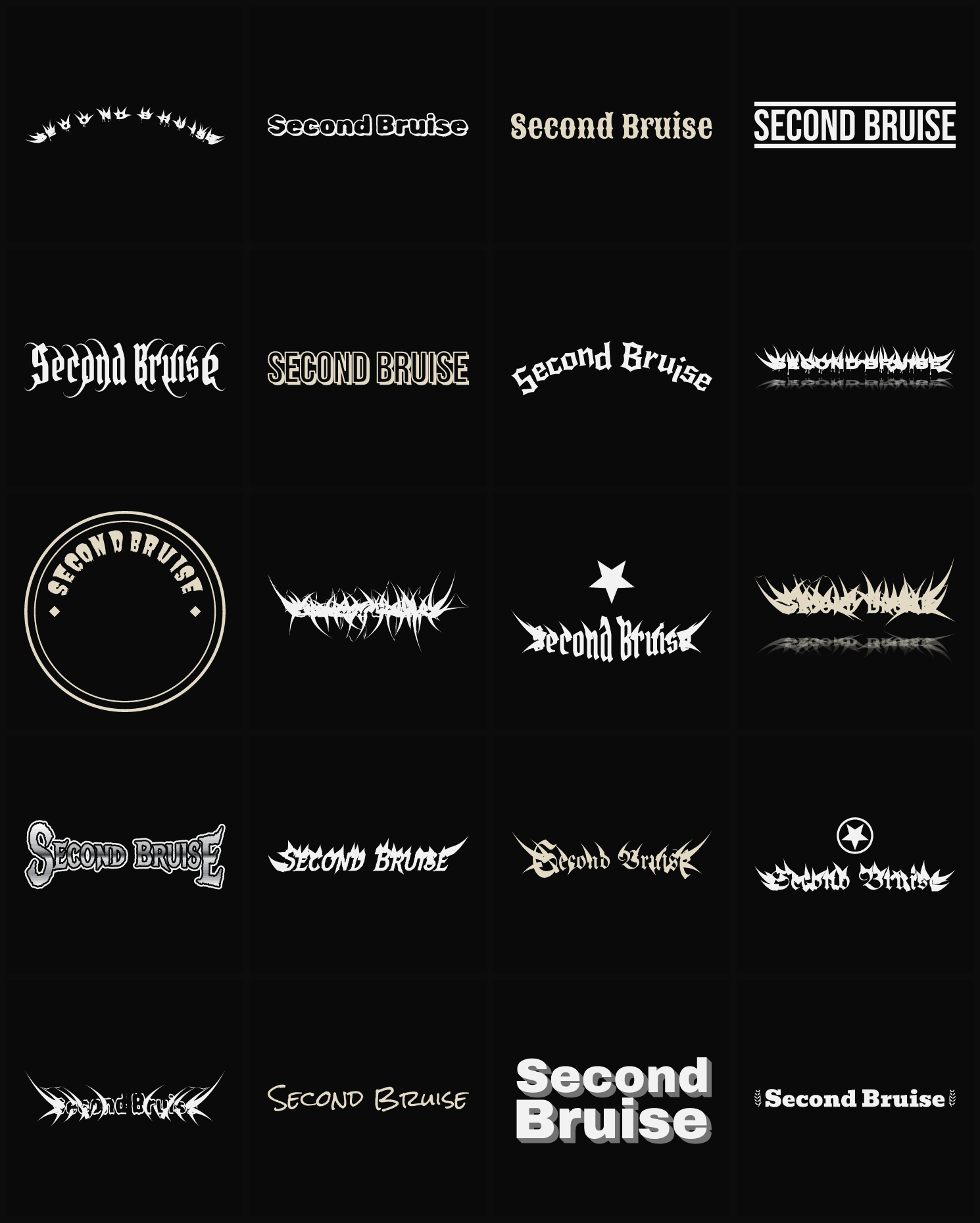 Twenty Second Bruise band logo ideas — different faces, treatments and spike settings