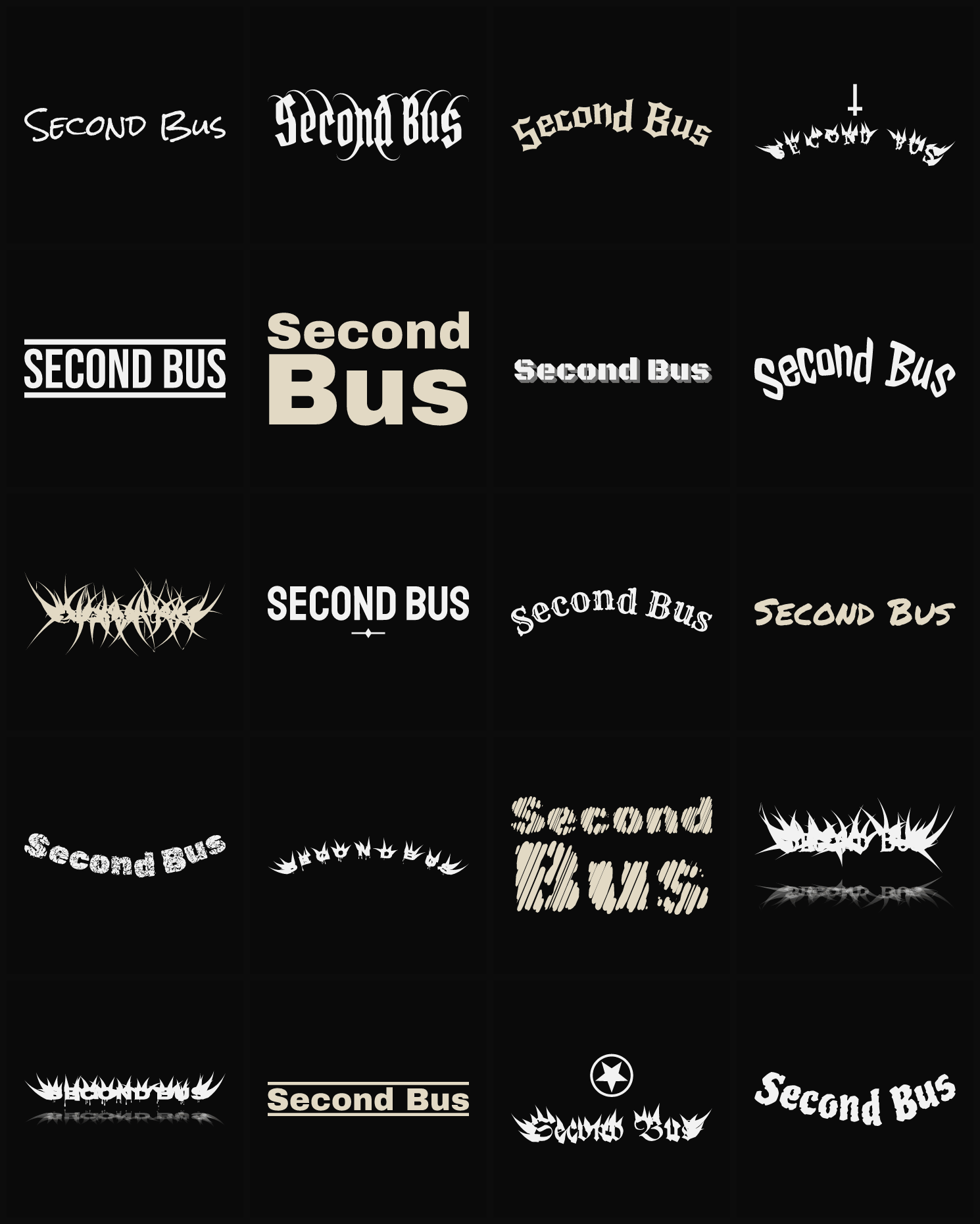 Twenty Second Bus band logo ideas — different faces, treatments and spike settings