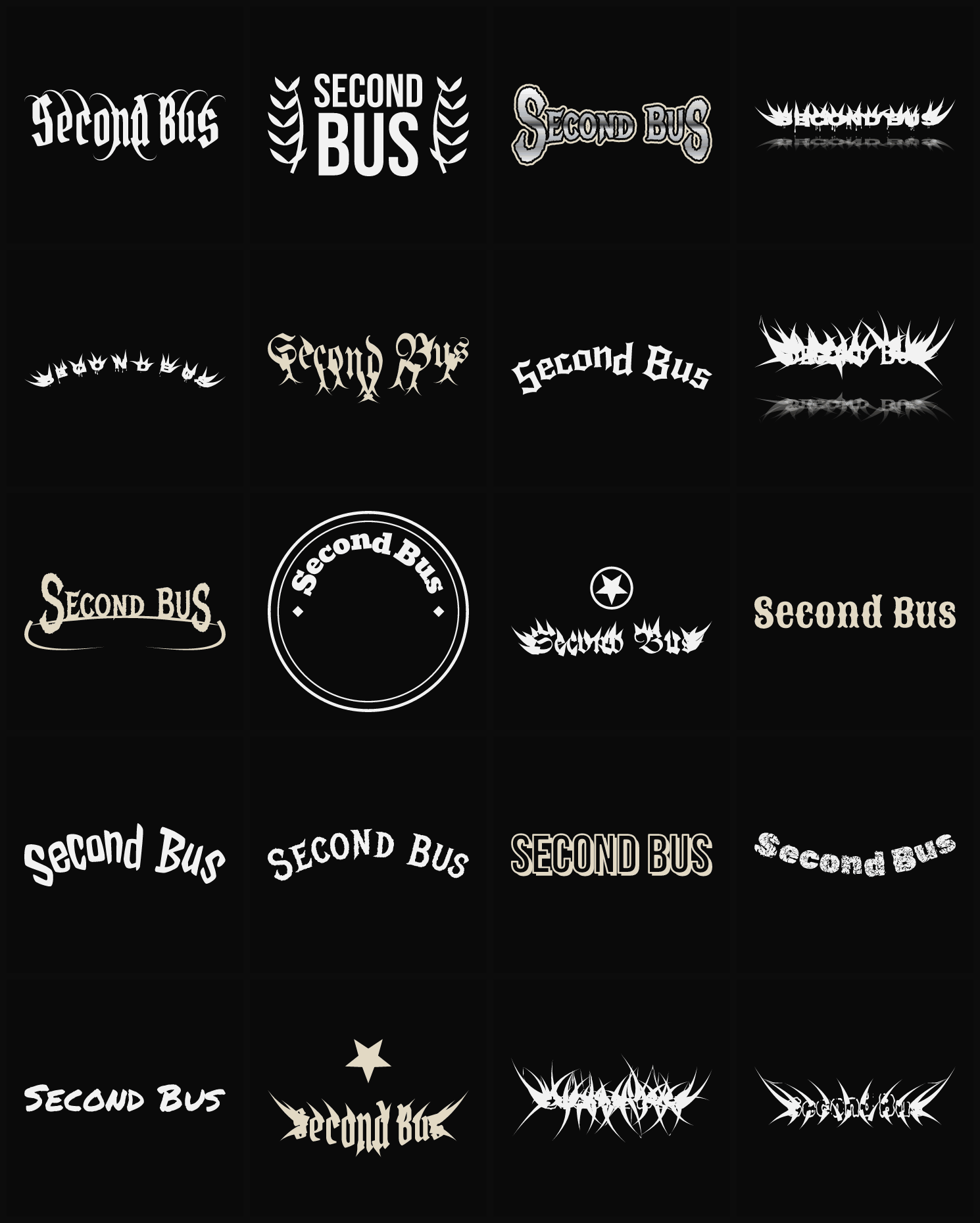 Twenty Second Bus band logo ideas — different faces, treatments and spike settings