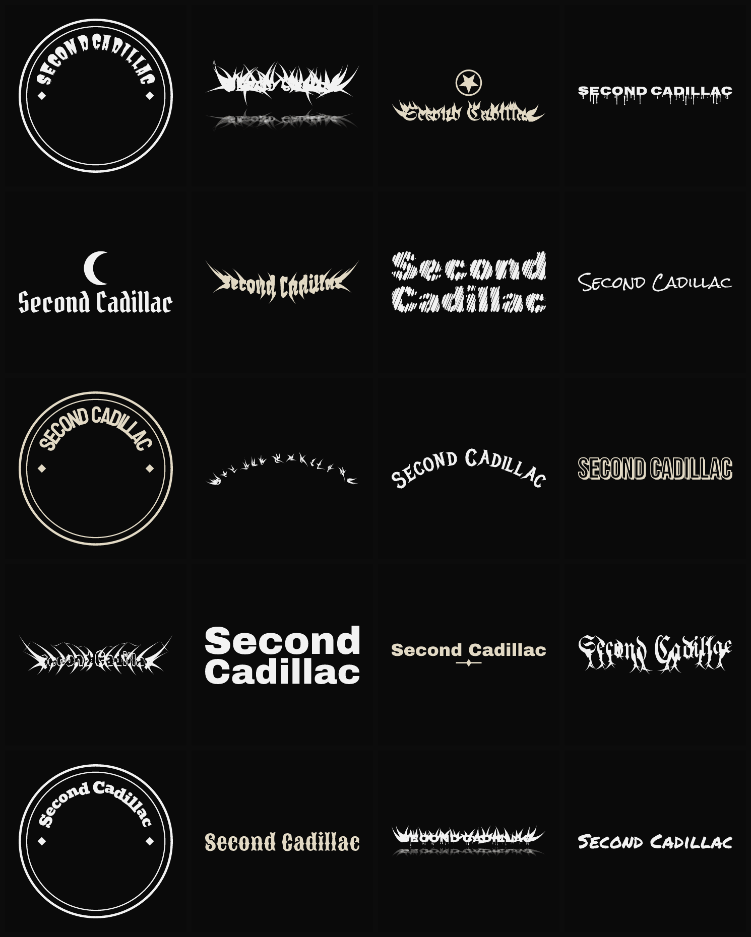 Twenty Second Cadillac band logo ideas — different faces, treatments and spike settings