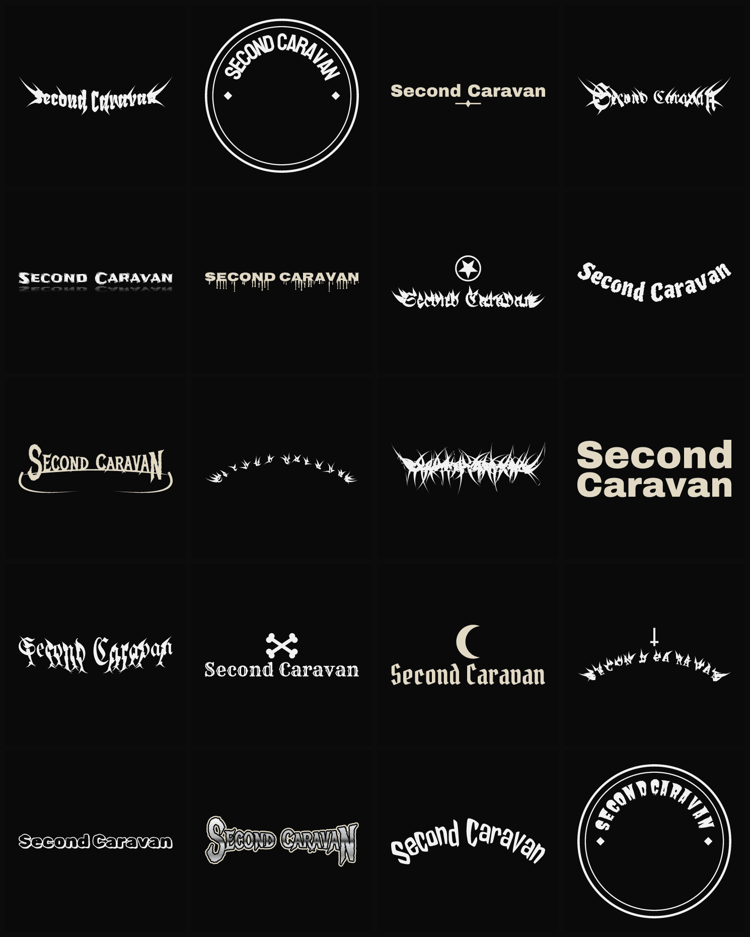 Twenty Second Caravan band logo ideas — different faces, treatments and spike settings