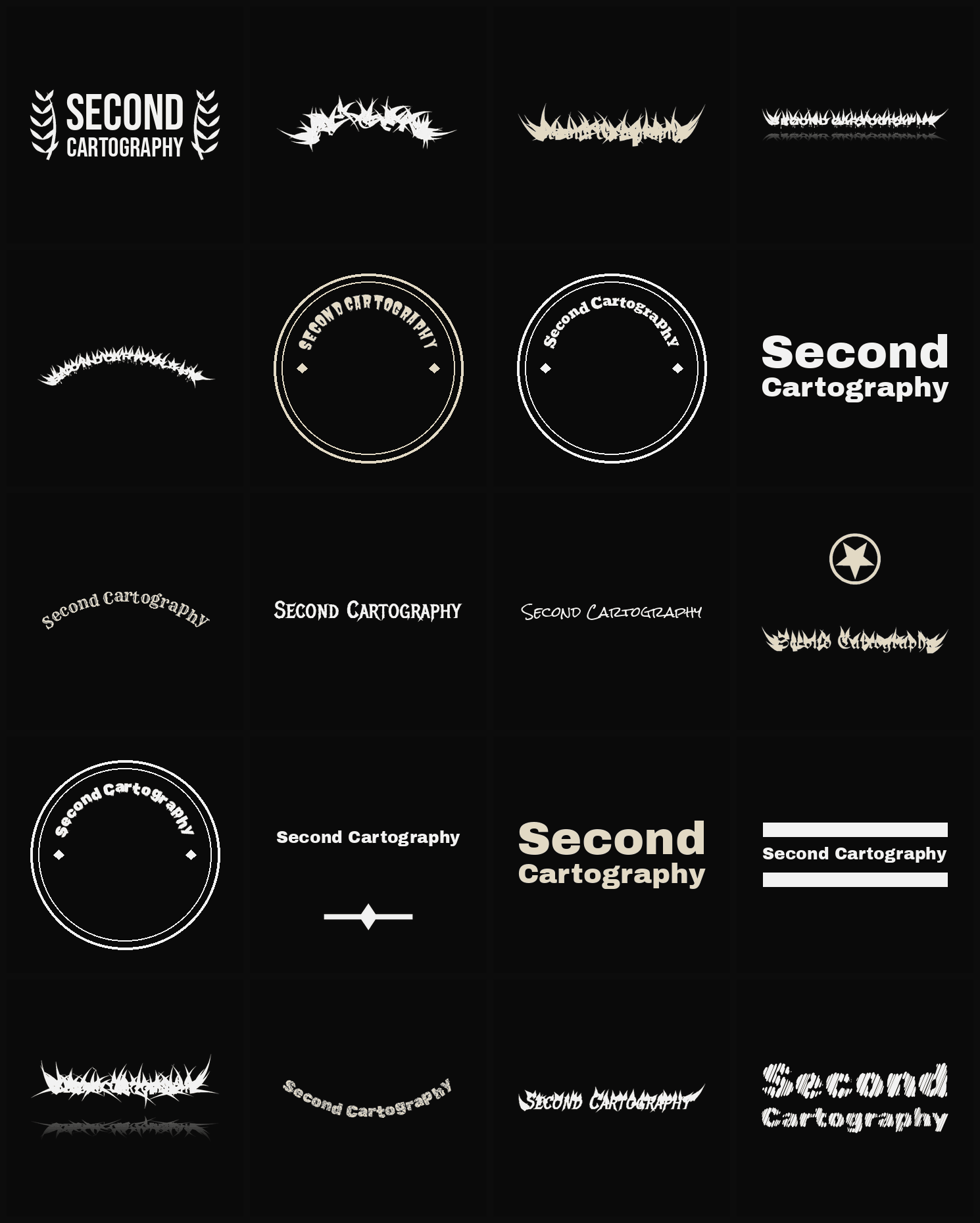 Twenty Second Cartography band logo ideas — different faces, treatments and spike settings