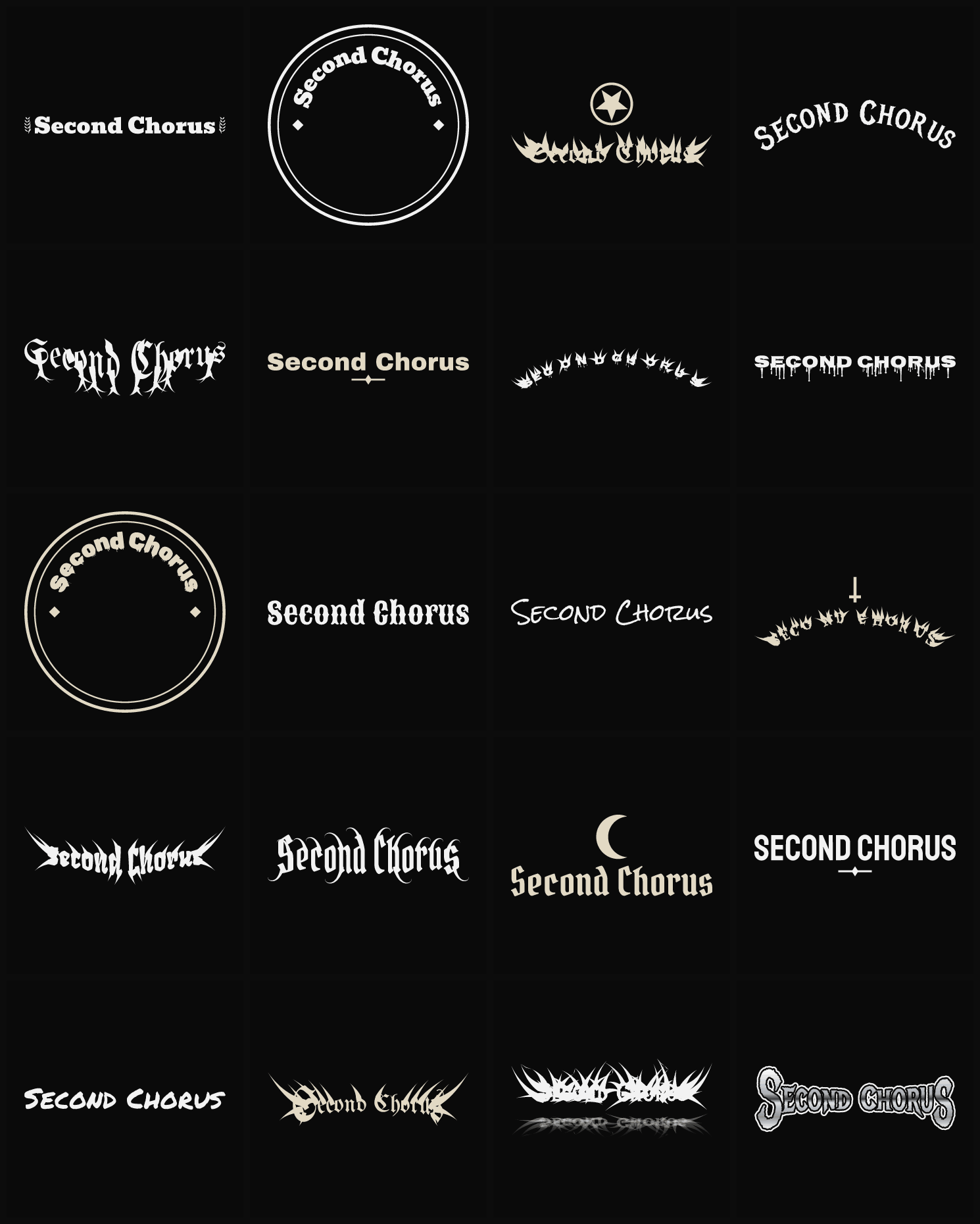Twenty Second Chorus band logo ideas — different faces, treatments and spike settings