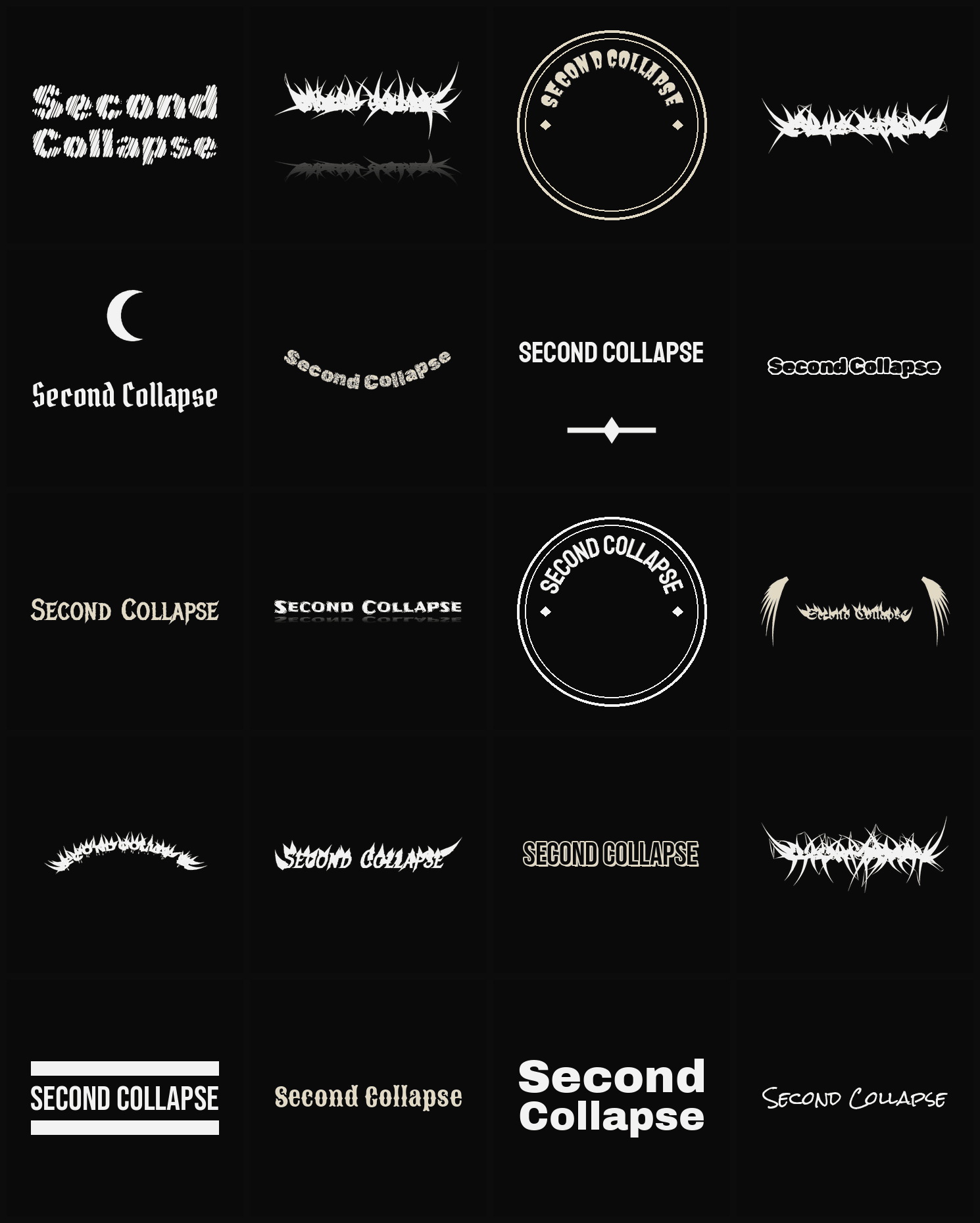 Twenty Second Collapse band logo ideas — different faces, treatments and spike settings