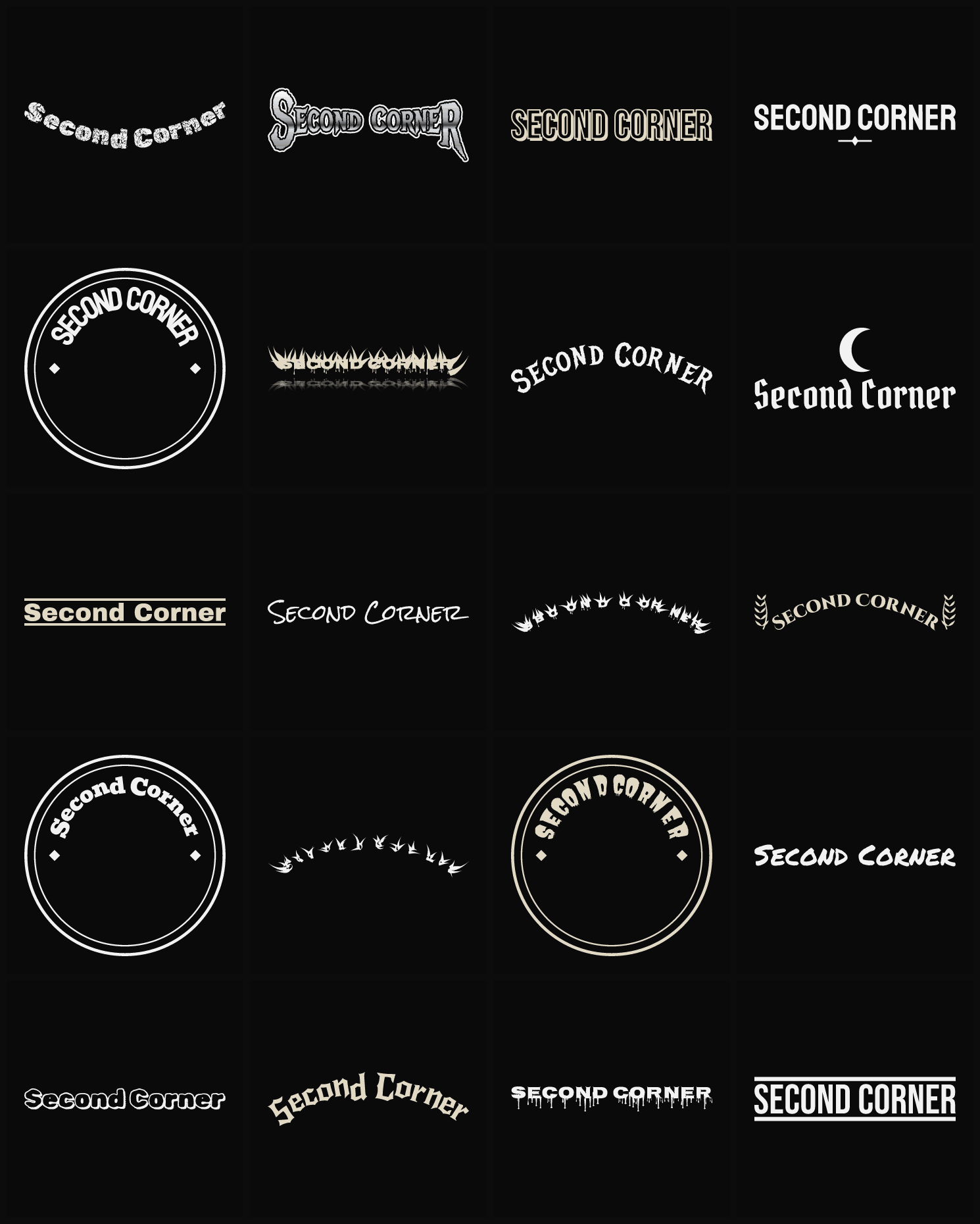 Twenty Second Corner band logo ideas — different faces, treatments and spike settings