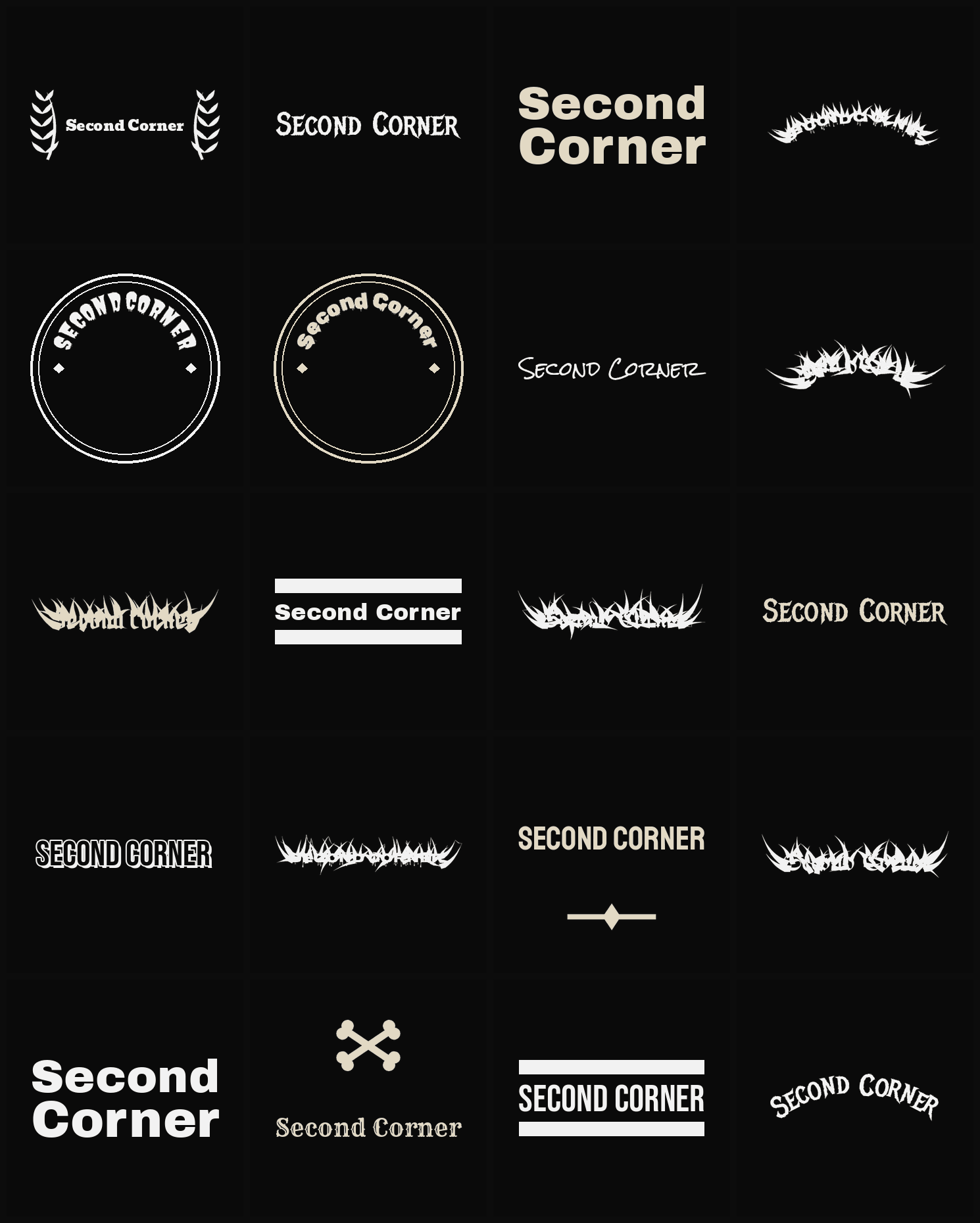 Twenty Second Corner band logo ideas — different faces, treatments and spike settings