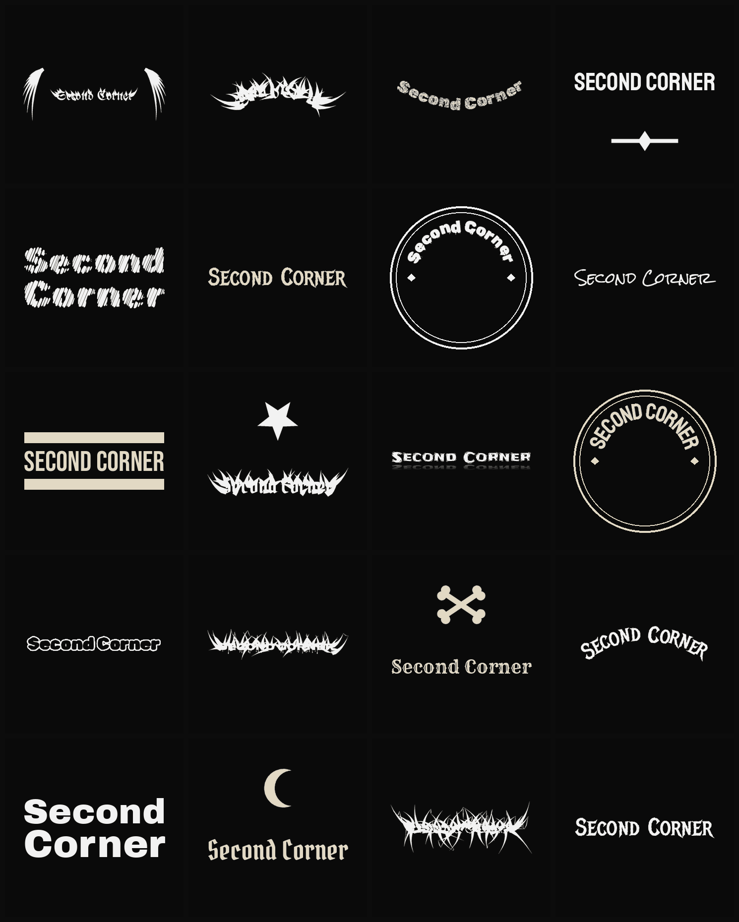 Twenty Second Corner band logo ideas — different faces, treatments and spike settings