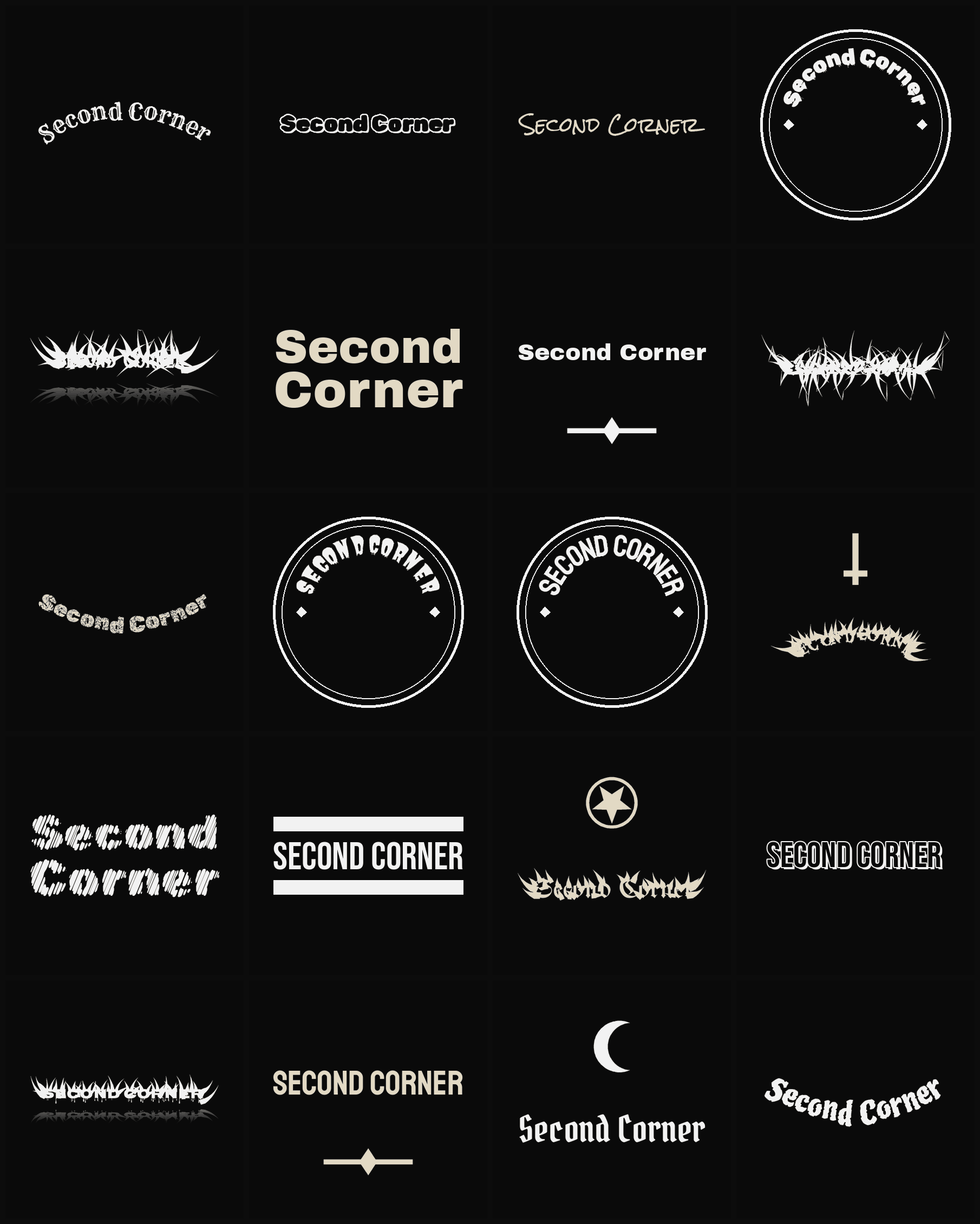 Twenty Second Corner band logo ideas — different faces, treatments and spike settings