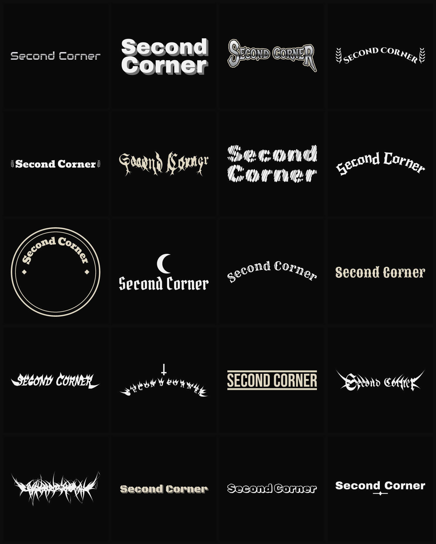 Twenty Second Corner band logo ideas — different faces, treatments and spike settings