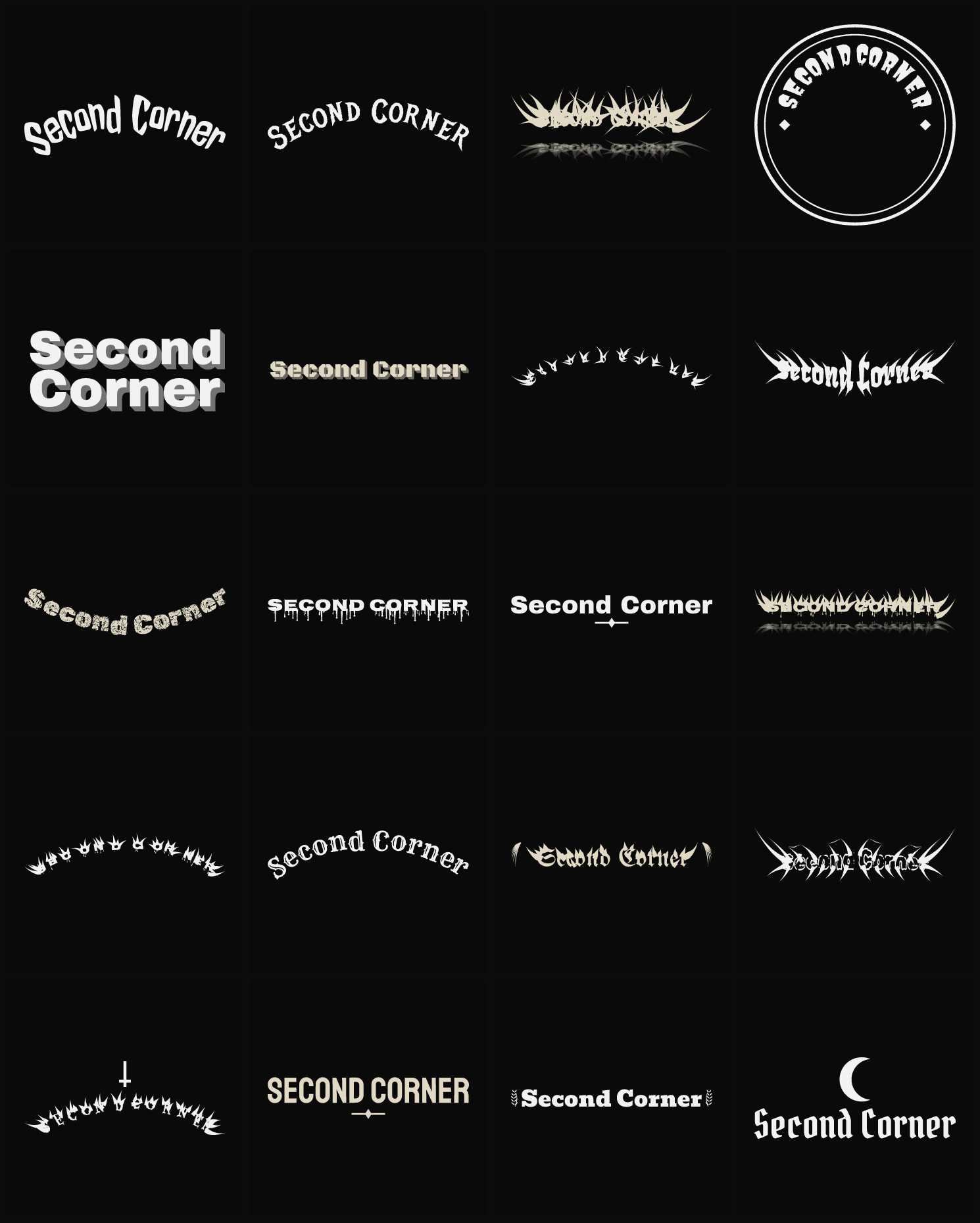 Twenty Second Corner band logo ideas — different faces, treatments and spike settings