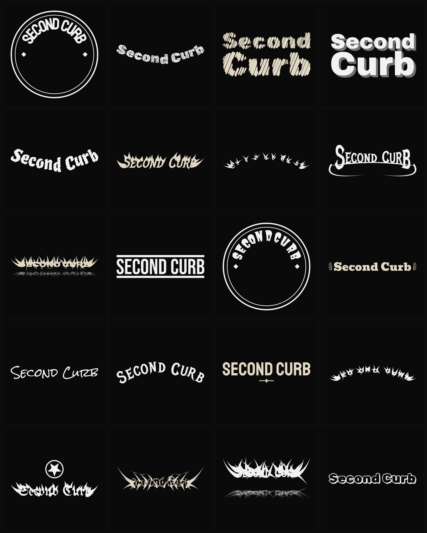 Twenty Second Curb band logo ideas — different faces, treatments and spike settings