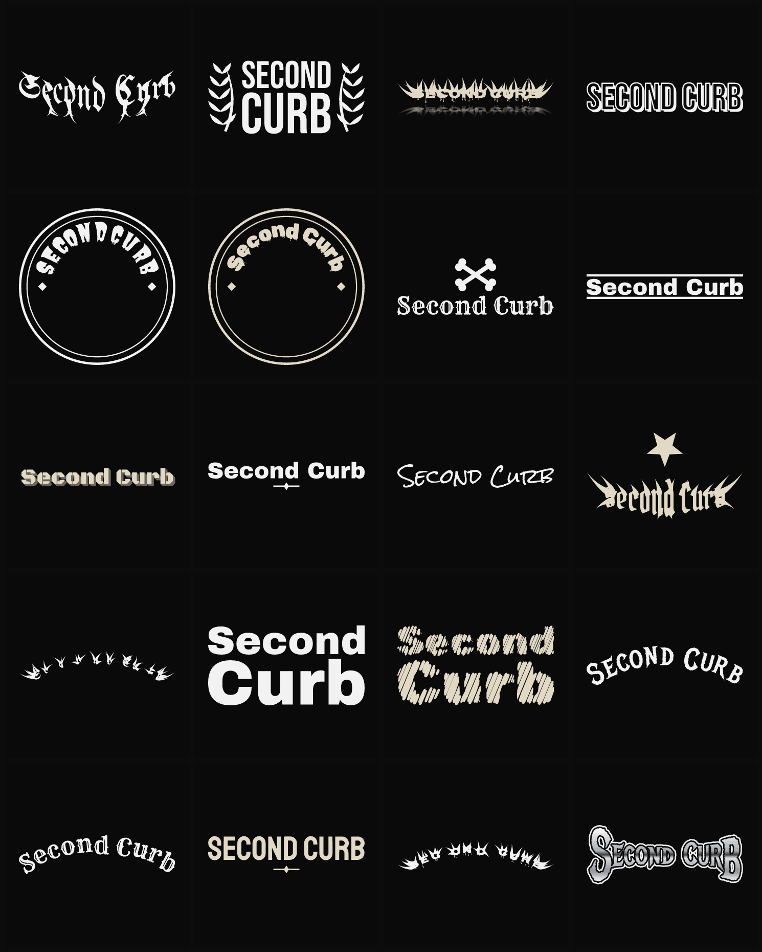 Twenty Second Curb band logo ideas — different faces, treatments and spike settings