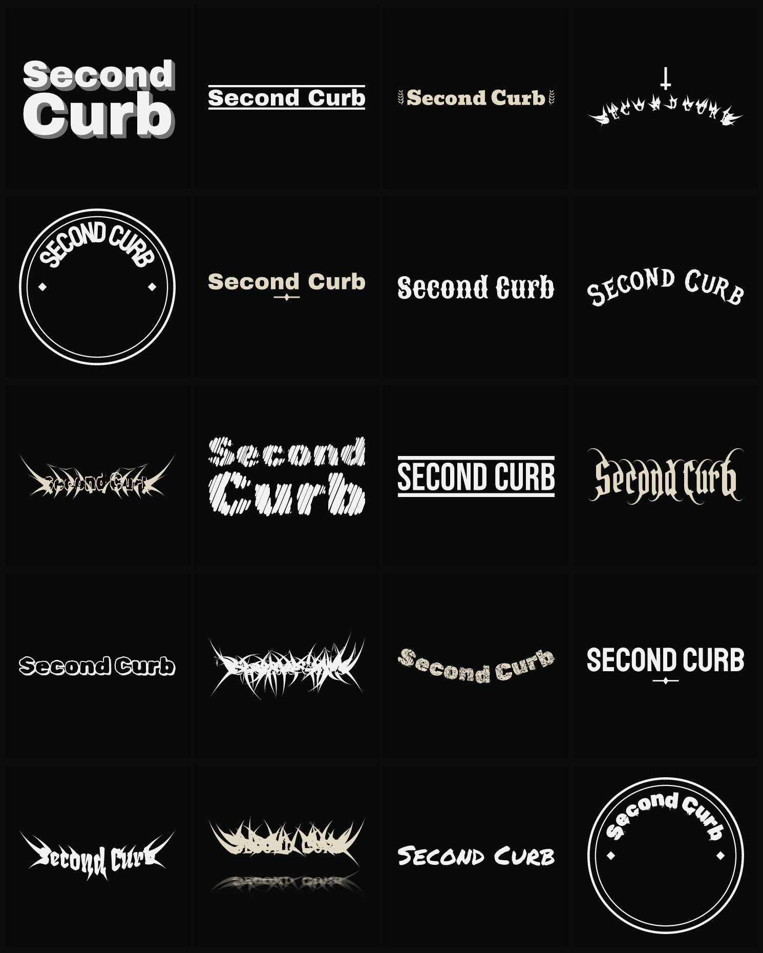 Twenty Second Curb band logo ideas — different faces, treatments and spike settings