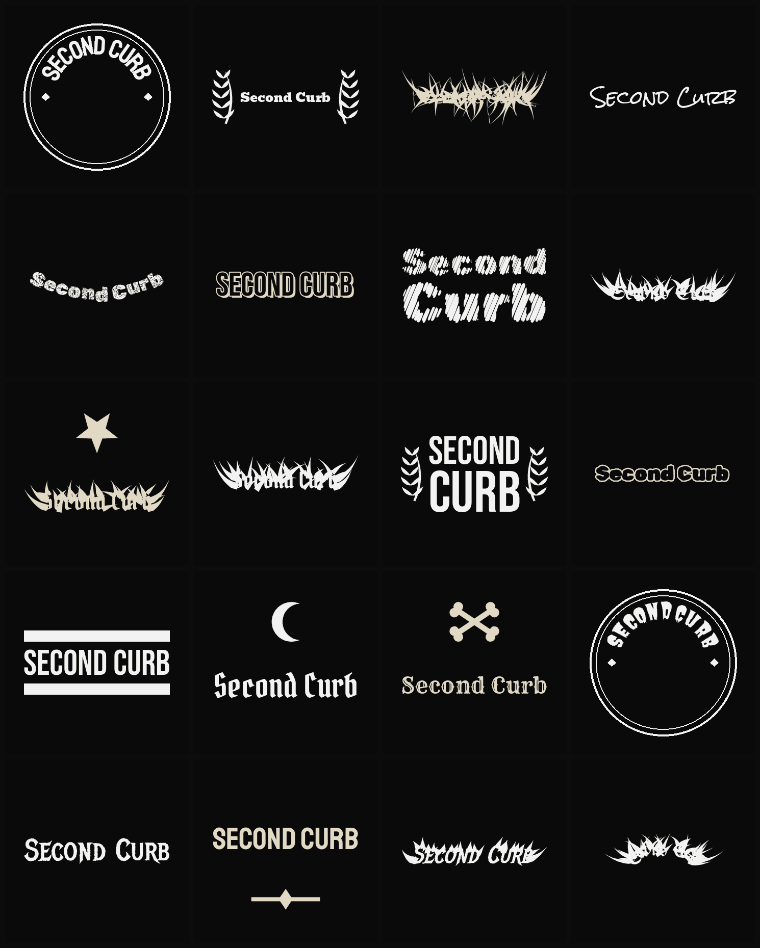 Twenty Second Curb band logo ideas — different faces, treatments and spike settings