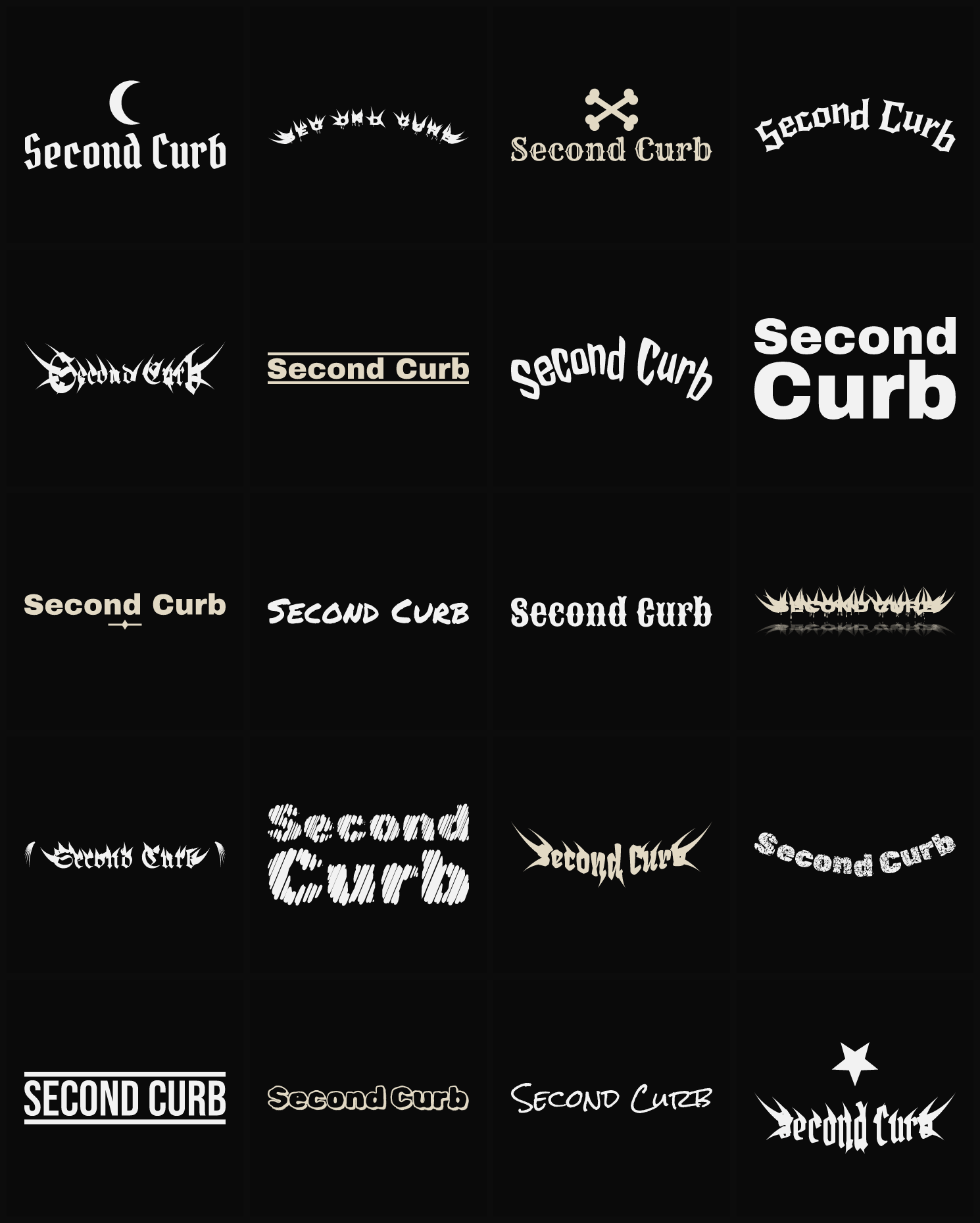 Twenty Second Curb band logo ideas — different faces, treatments and spike settings