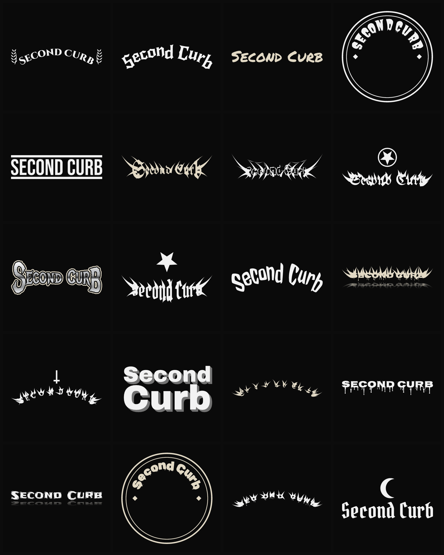 Twenty Second Curb band logo ideas — different faces, treatments and spike settings