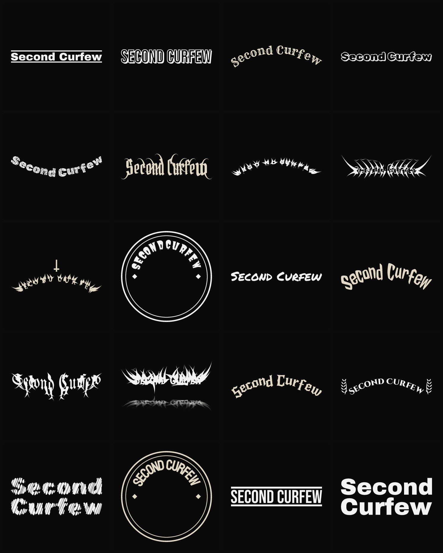Twenty Second Curfew band logo ideas — different faces, treatments and spike settings