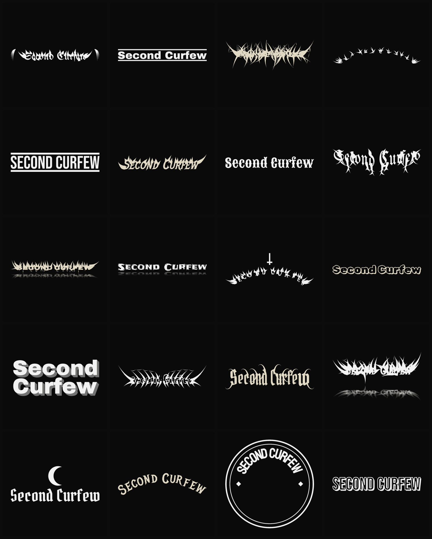 Twenty Second Curfew band logo ideas — different faces, treatments and spike settings