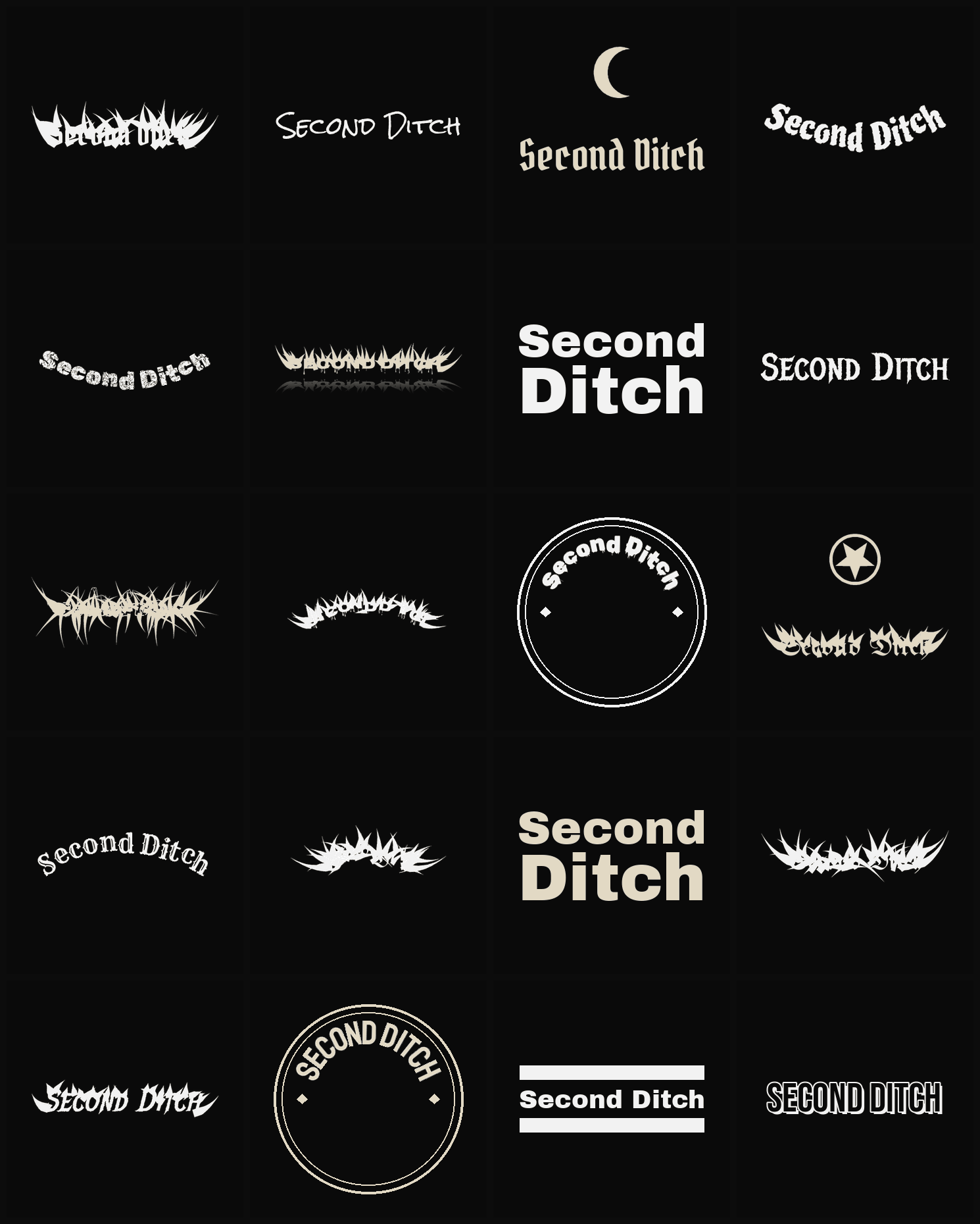 Twenty Second Ditch band logo ideas — different faces, treatments and spike settings