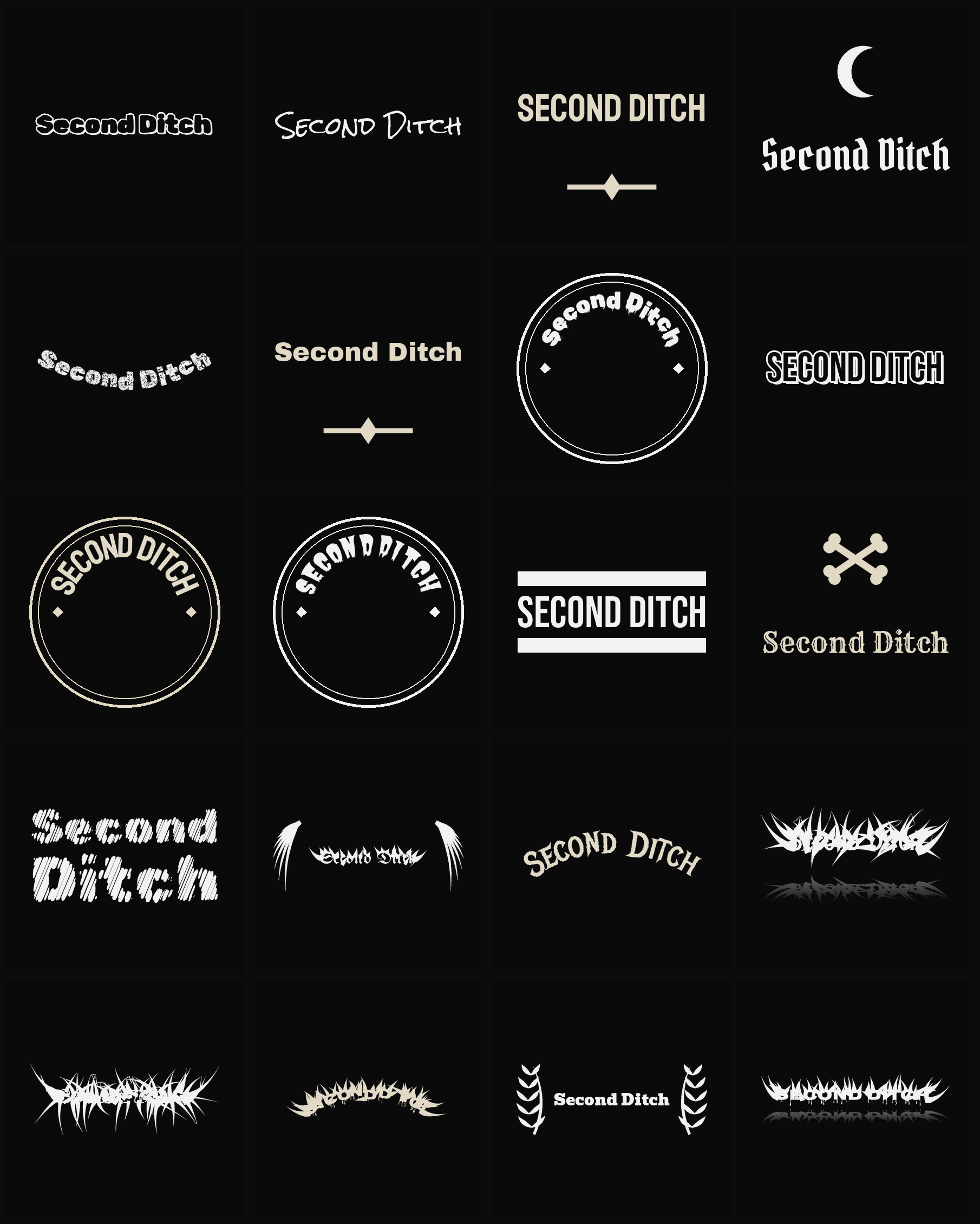 Twenty Second Ditch band logo ideas — different faces, treatments and spike settings