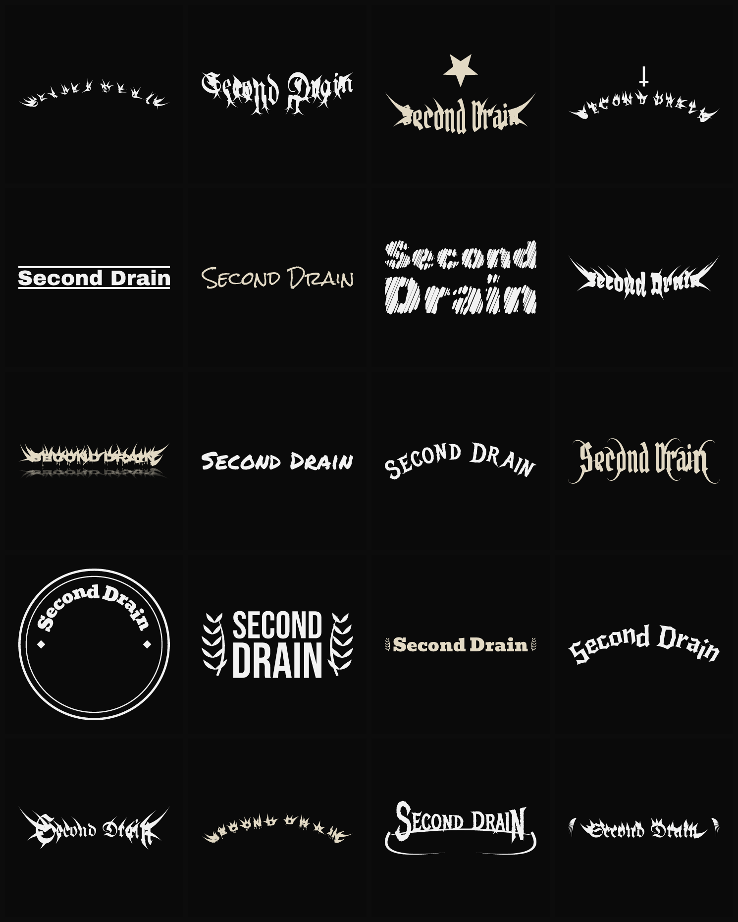 Twenty Second Drain band logo ideas — different faces, treatments and spike settings