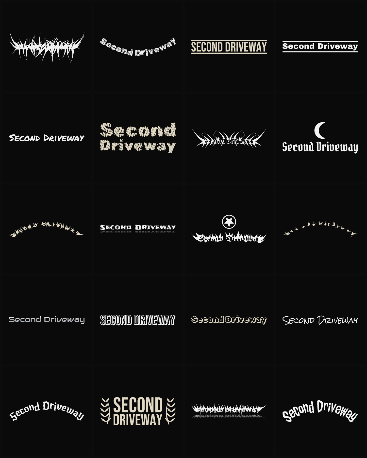 Twenty Second Driveway band logo ideas — different faces, treatments and spike settings