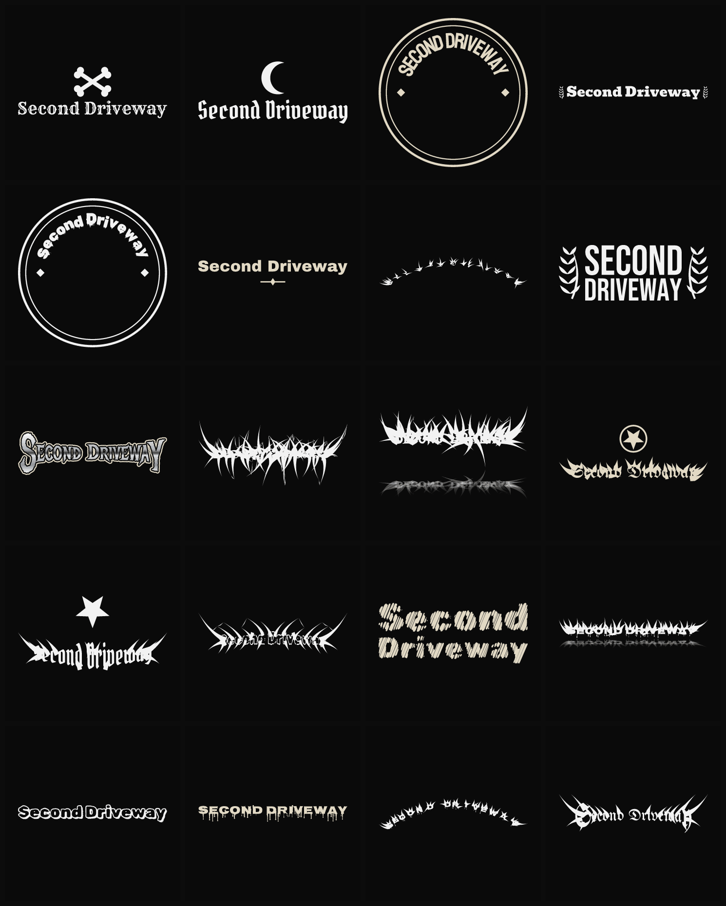 Twenty Second Driveway band logo ideas — different faces, treatments and spike settings