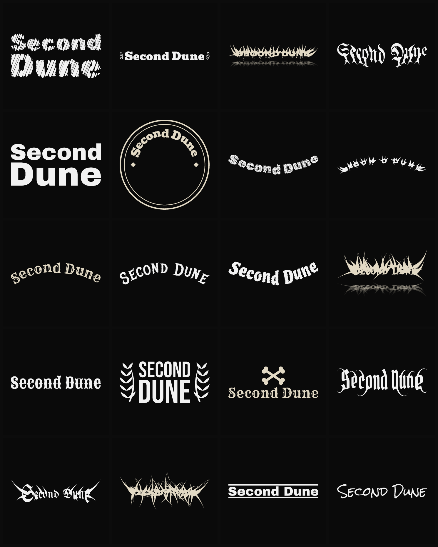 Twenty Second Dune band logo ideas — different faces, treatments and spike settings