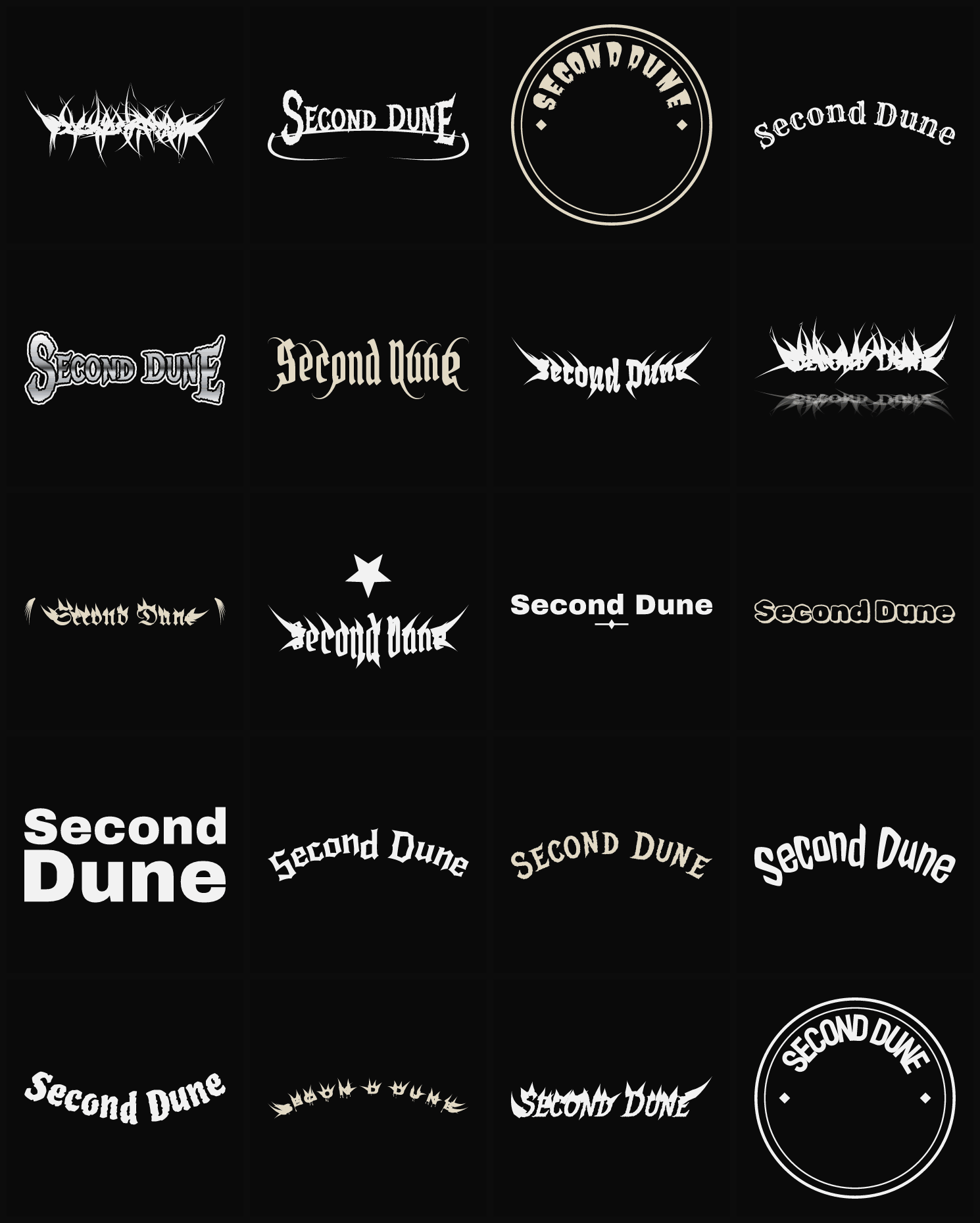 Twenty Second Dune band logo ideas — different faces, treatments and spike settings