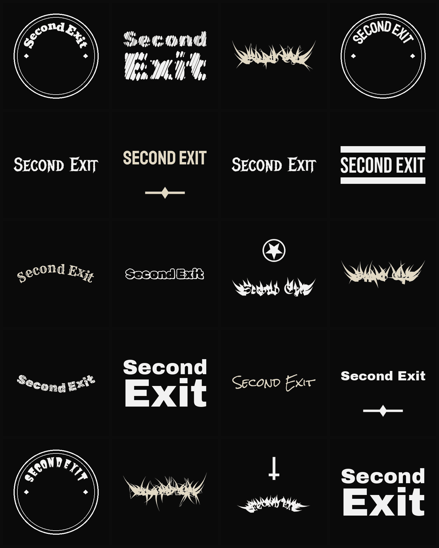 Twenty Second Exit band logo ideas — different faces, treatments and spike settings