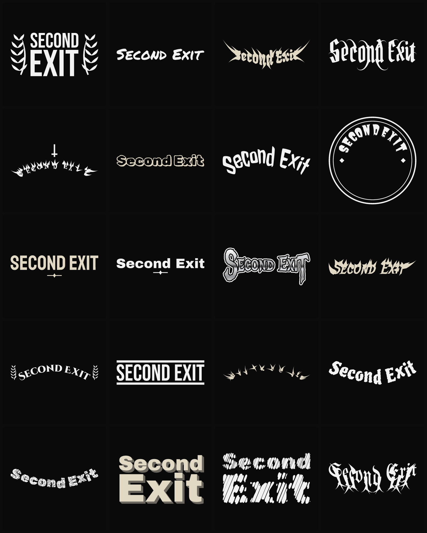 Twenty Second Exit band logo ideas — different faces, treatments and spike settings