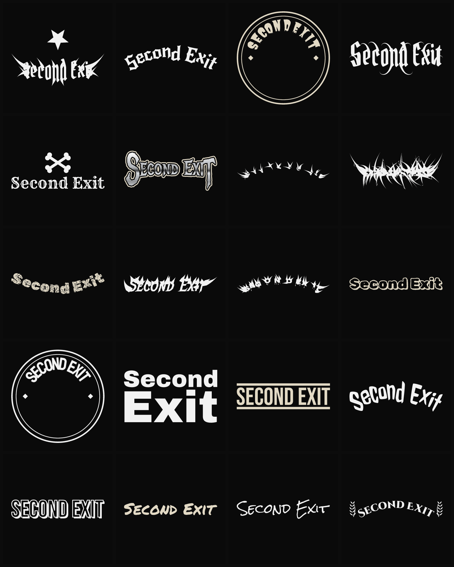 Twenty Second Exit band logo ideas — different faces, treatments and spike settings