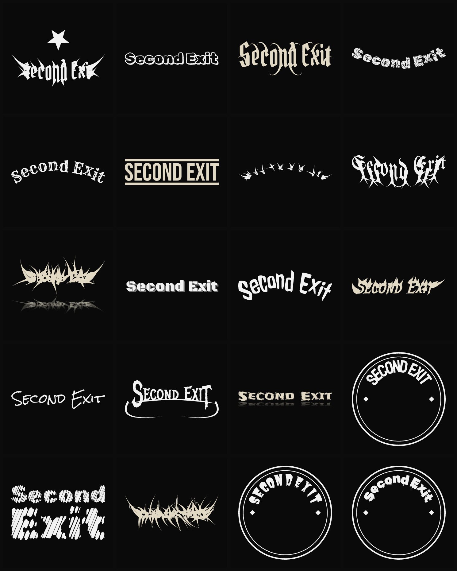 Twenty Second Exit band logo ideas — different faces, treatments and spike settings