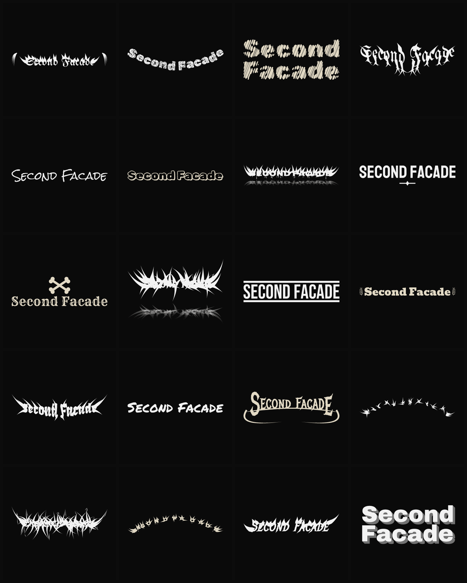 Twenty Second Facade band logo ideas — different faces, treatments and spike settings